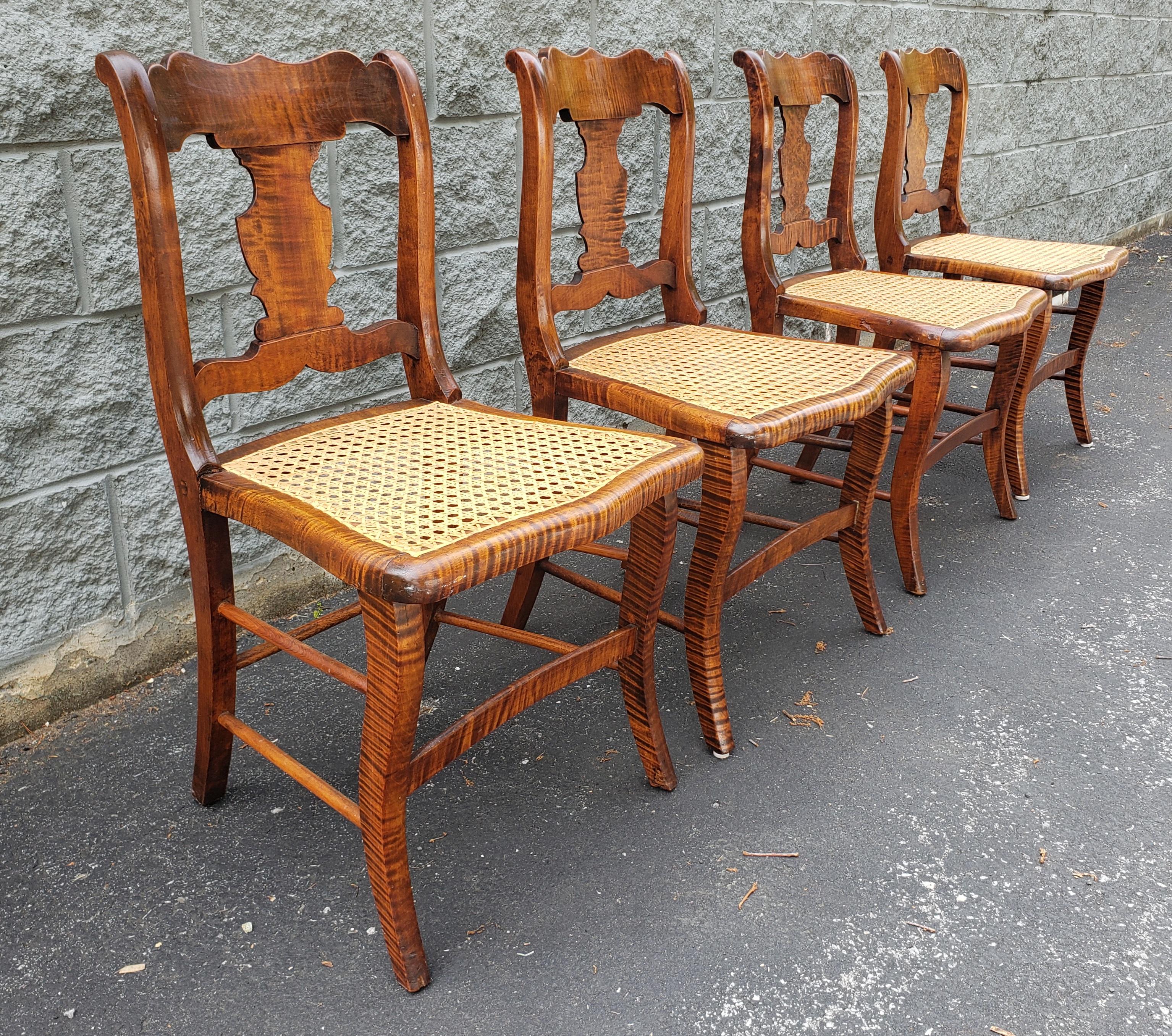 American Colonial Early American Tiger Wood and Cane Seat Chairs, Set of 4 For Sale
