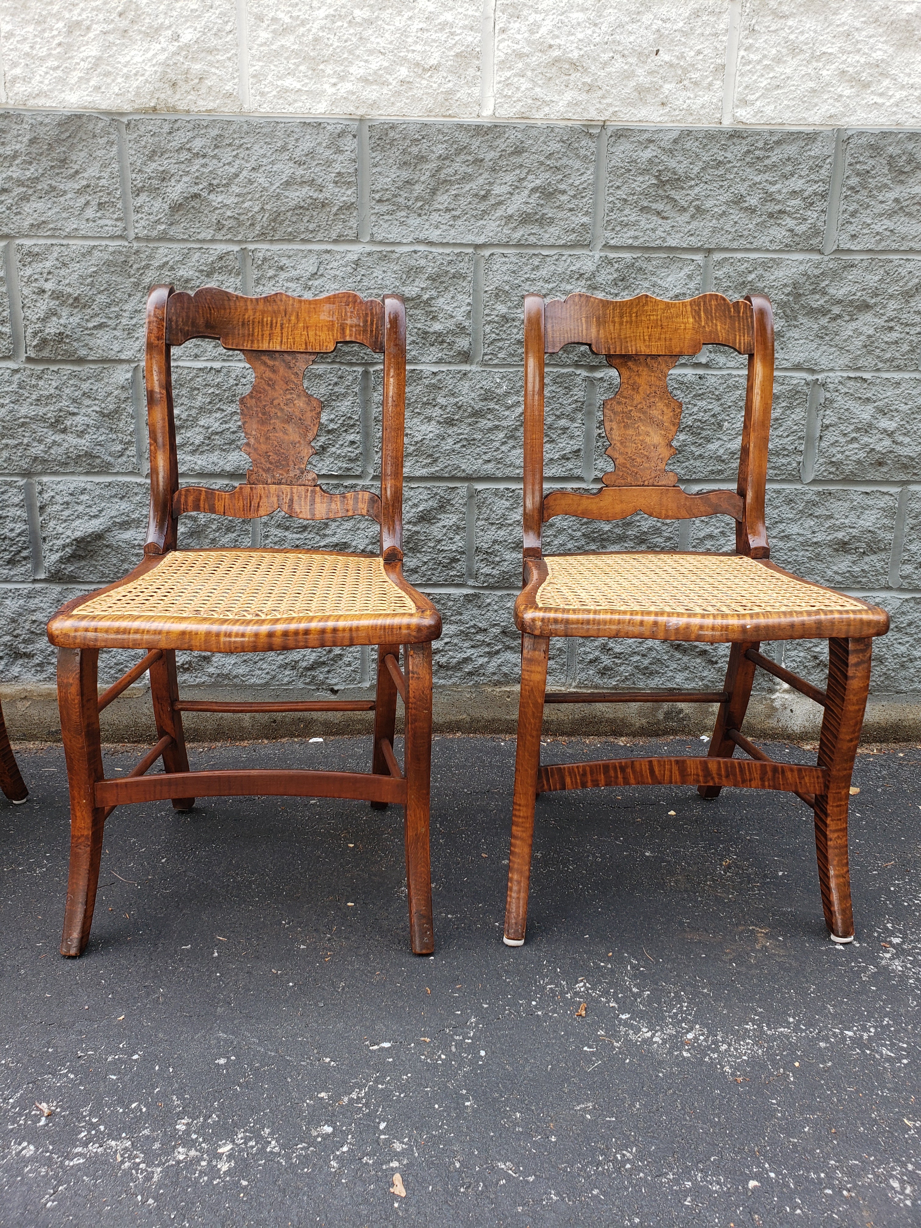 Caning Early American Tiger Wood and Cane Seat Chairs, Set of 4 For Sale