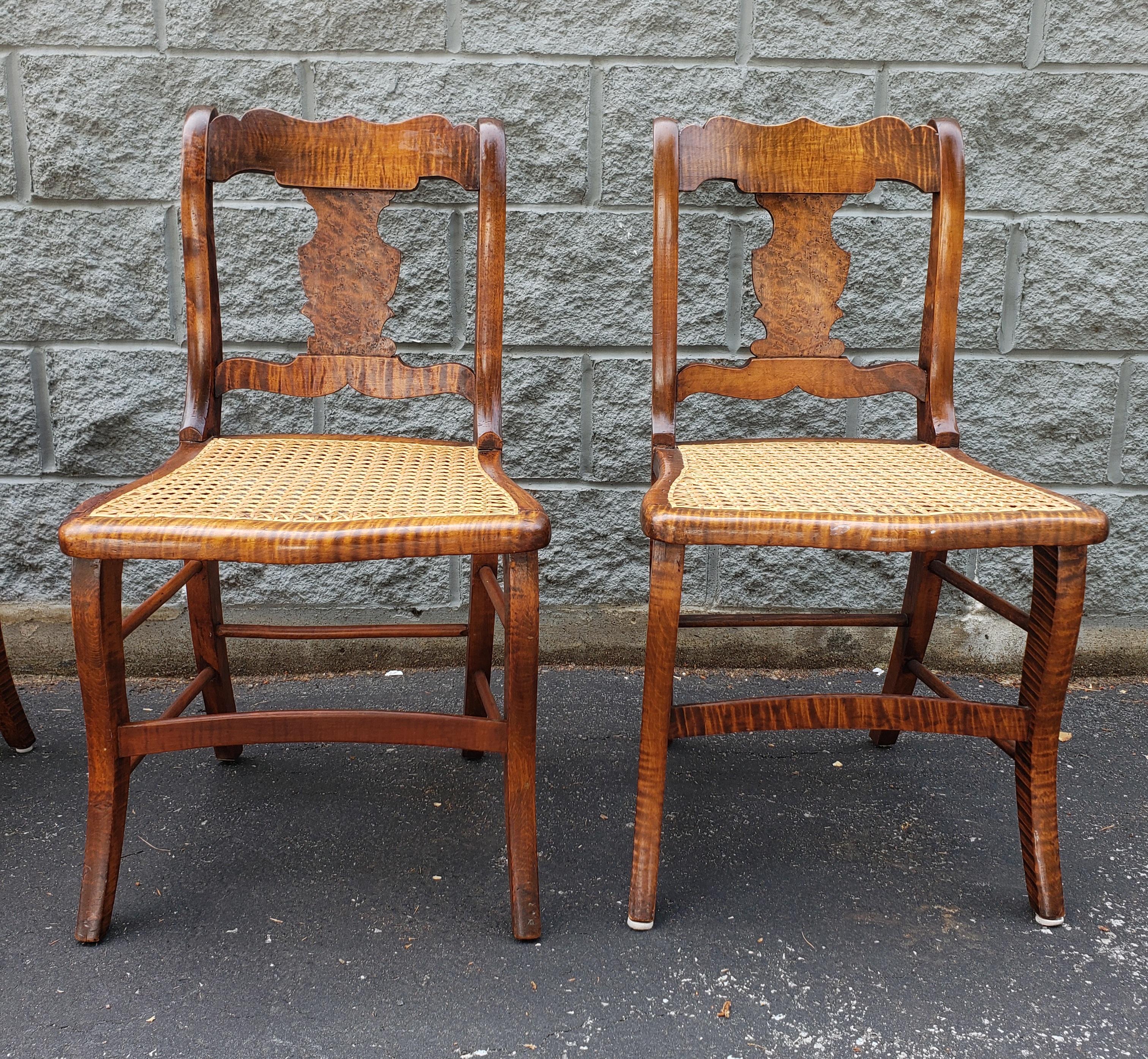 20th Century Early American Tiger Wood and Cane Seat Chairs, Set of 4 For Sale