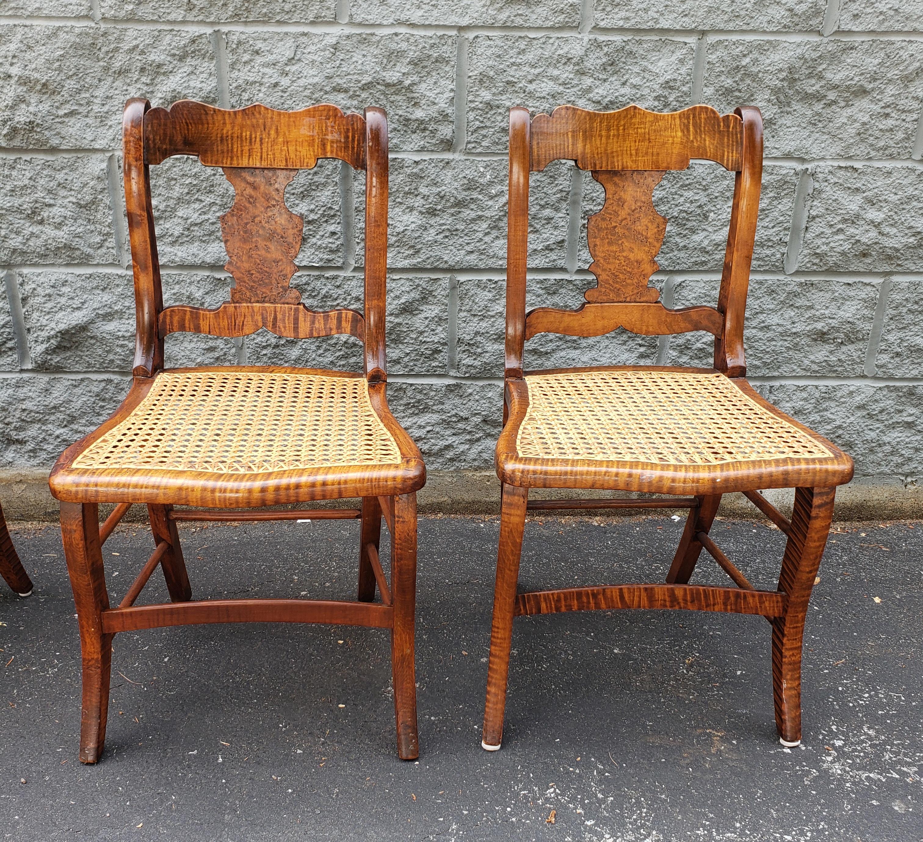 Early American Tiger Wood and Cane Seat Chairs, Set of 4 For Sale 1