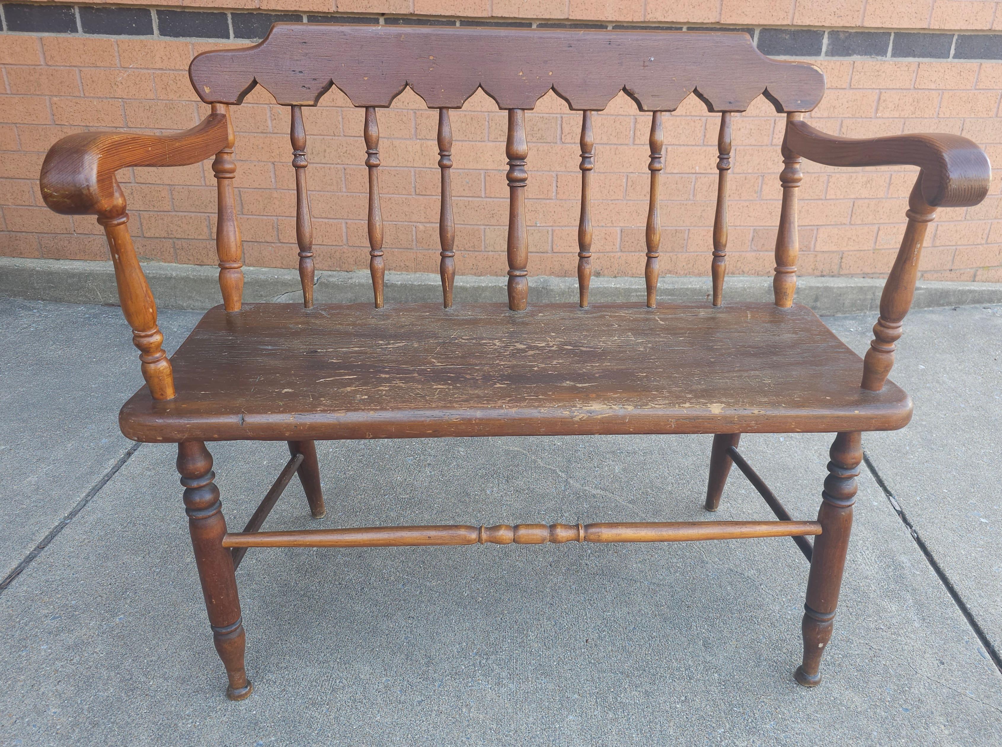 Stained Early American Two Seater Setteee Bench For Sale