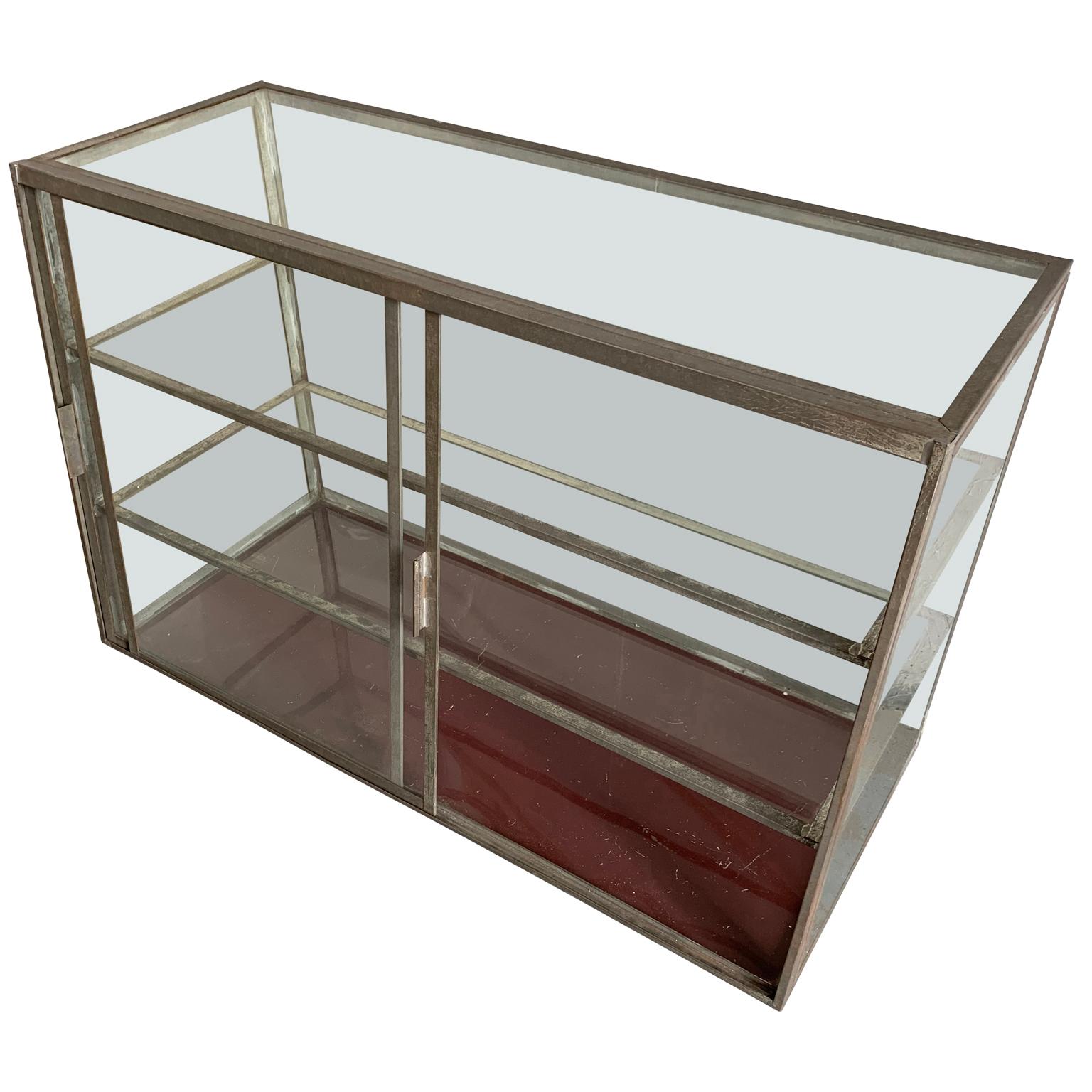 Glass Early American Vintage Two-Tier Sheet Metal Table Top Shop Display Case