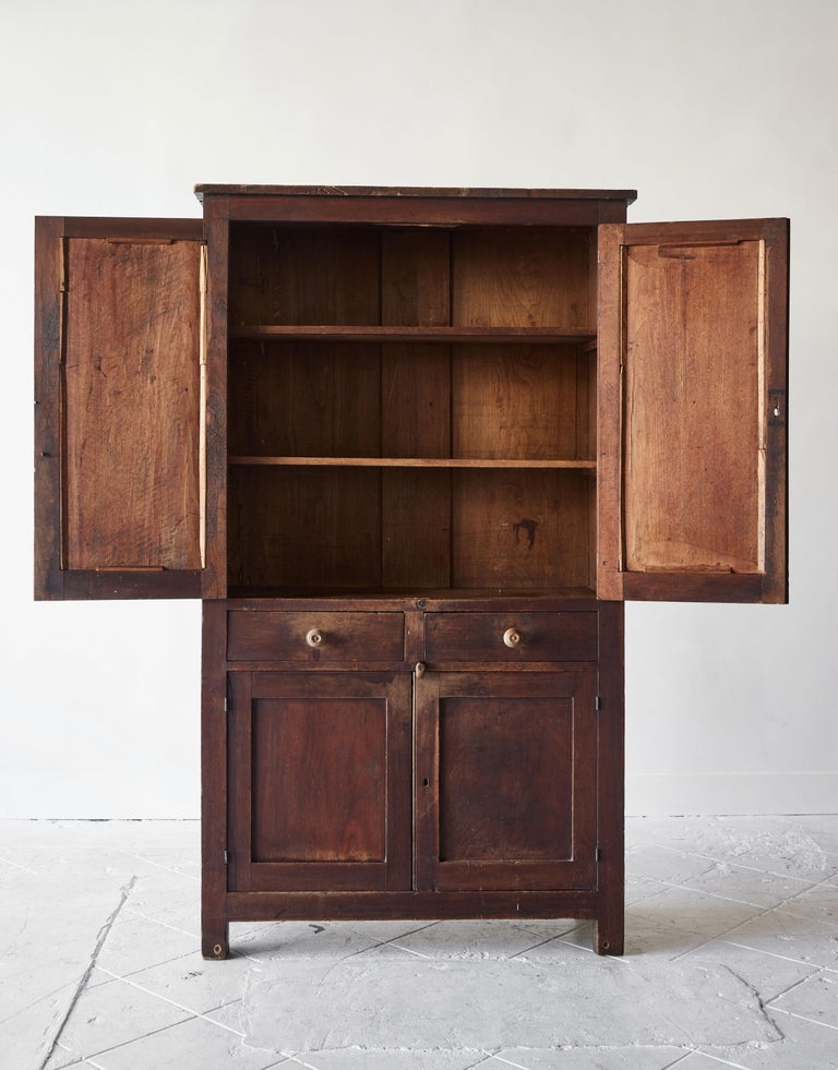 Early American Walnut Cupboard with Four Doors and Two Drawers at 1stDibs