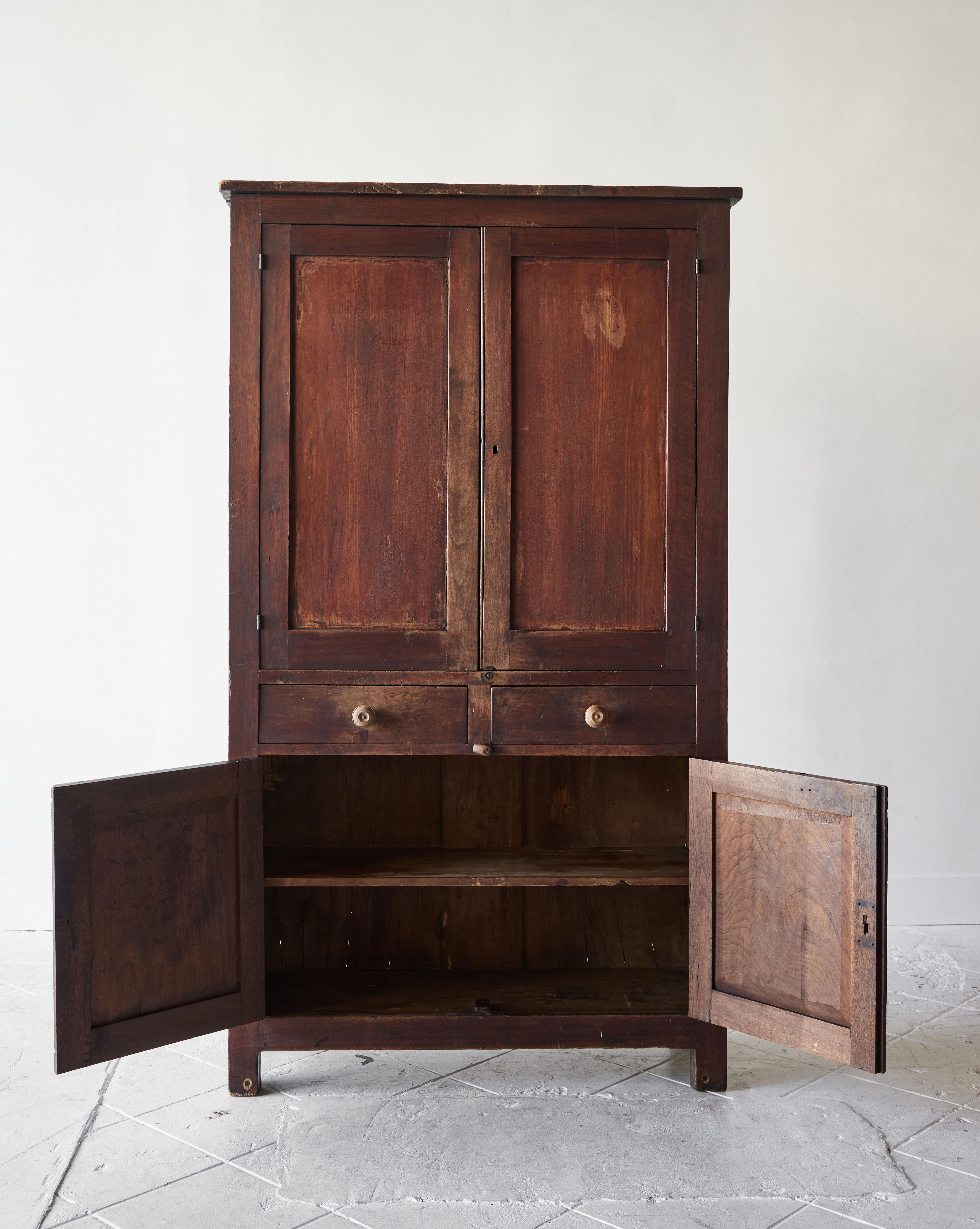 19th Century Early American Walnut Cupboard with Four Doors and Two Drawers