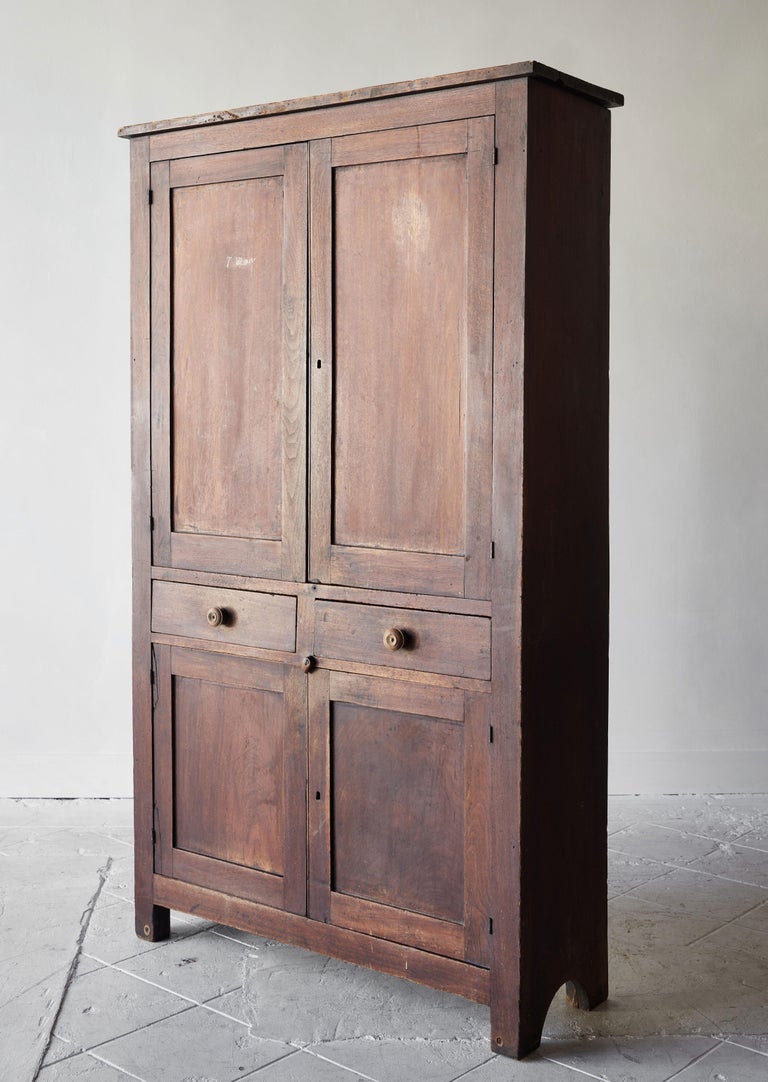 Early American Walnut Cupboard with Four Doors and Two Drawers at 1stDibs