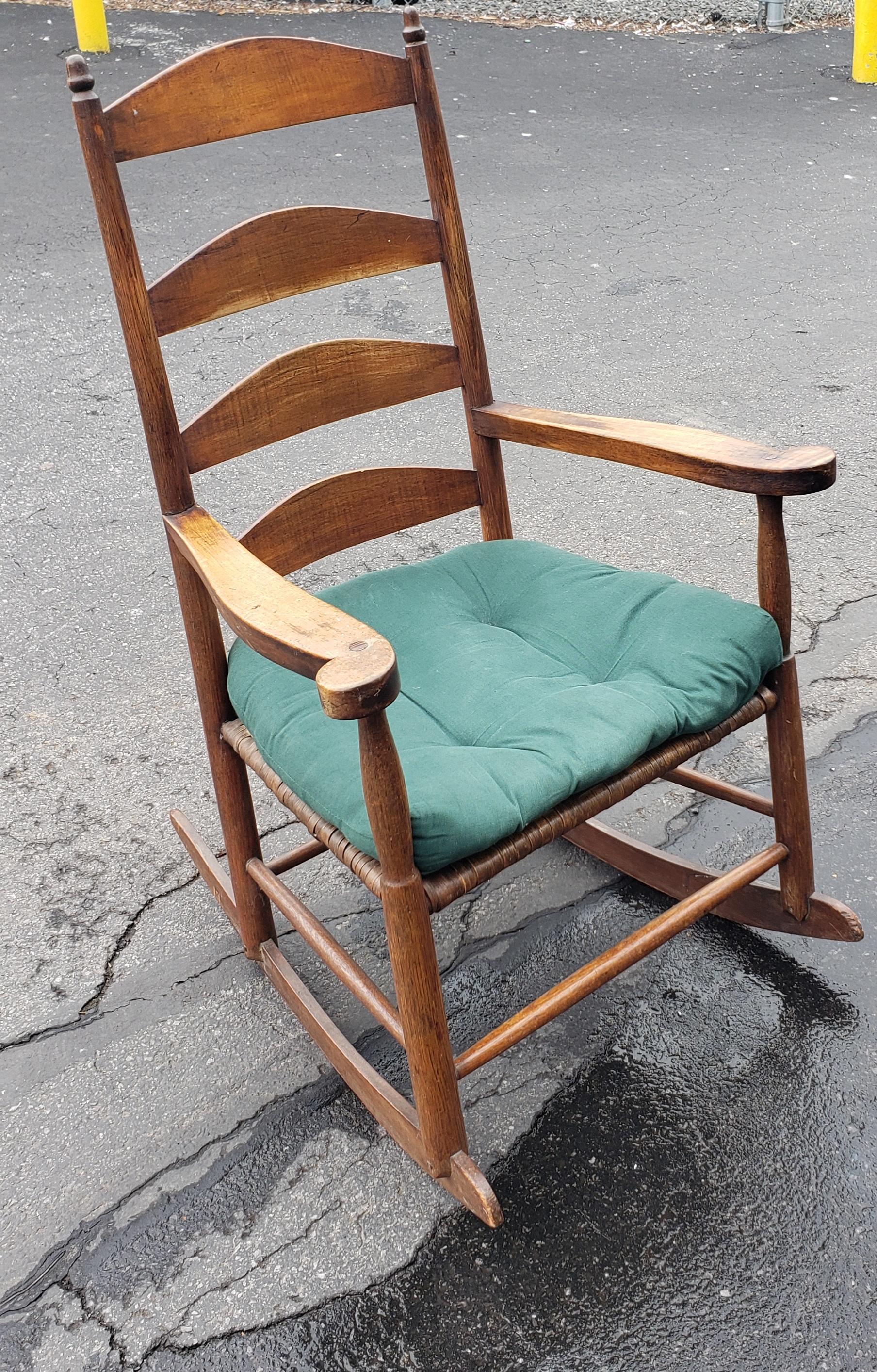 Hand-Crafted Early American Walnut Ladder Back Rocking Chair w/ Double Sided Split Reed Seat For Sale