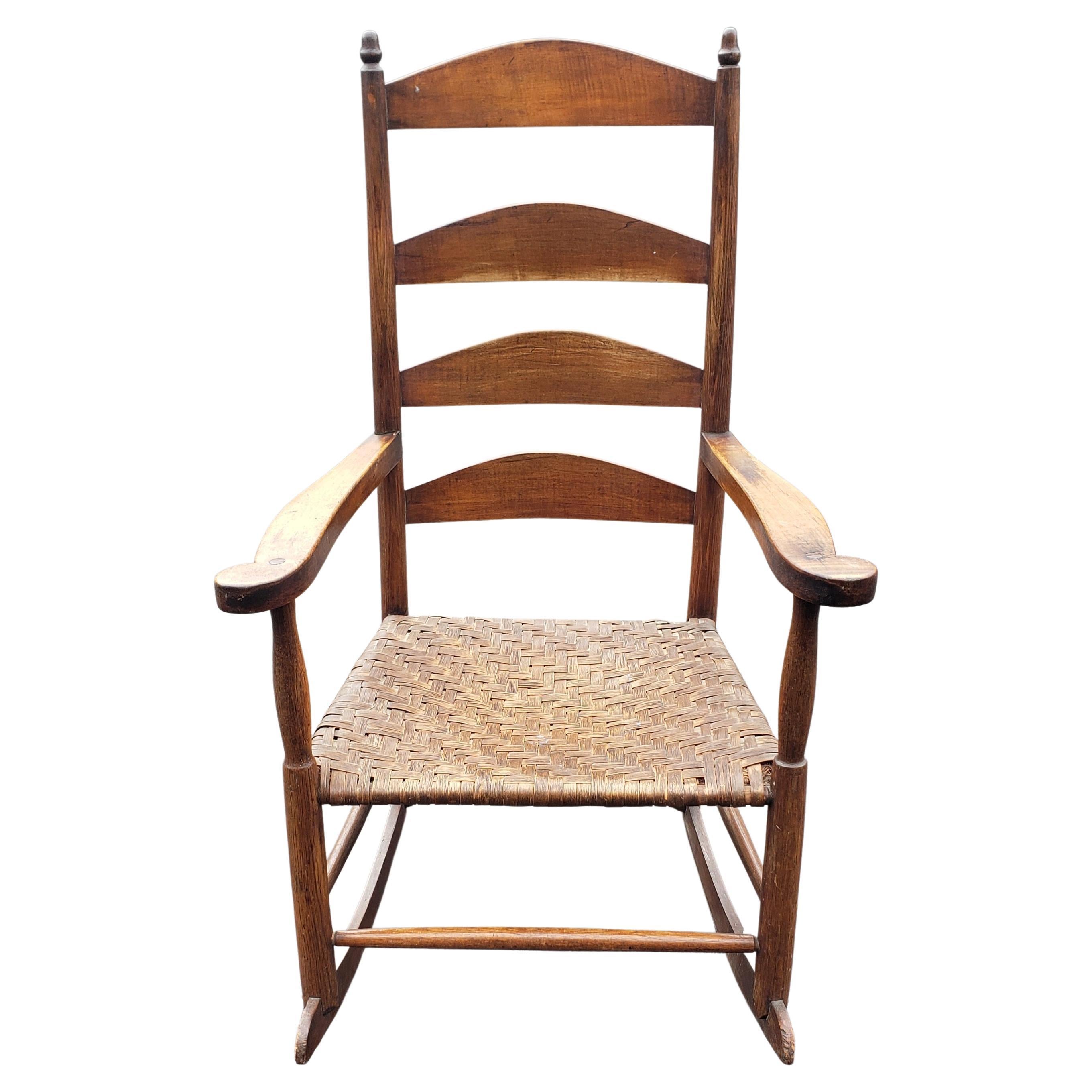 Early American Walnut Ladder Back Rocking Chair w/ Double Sided Split Reed Seat For Sale