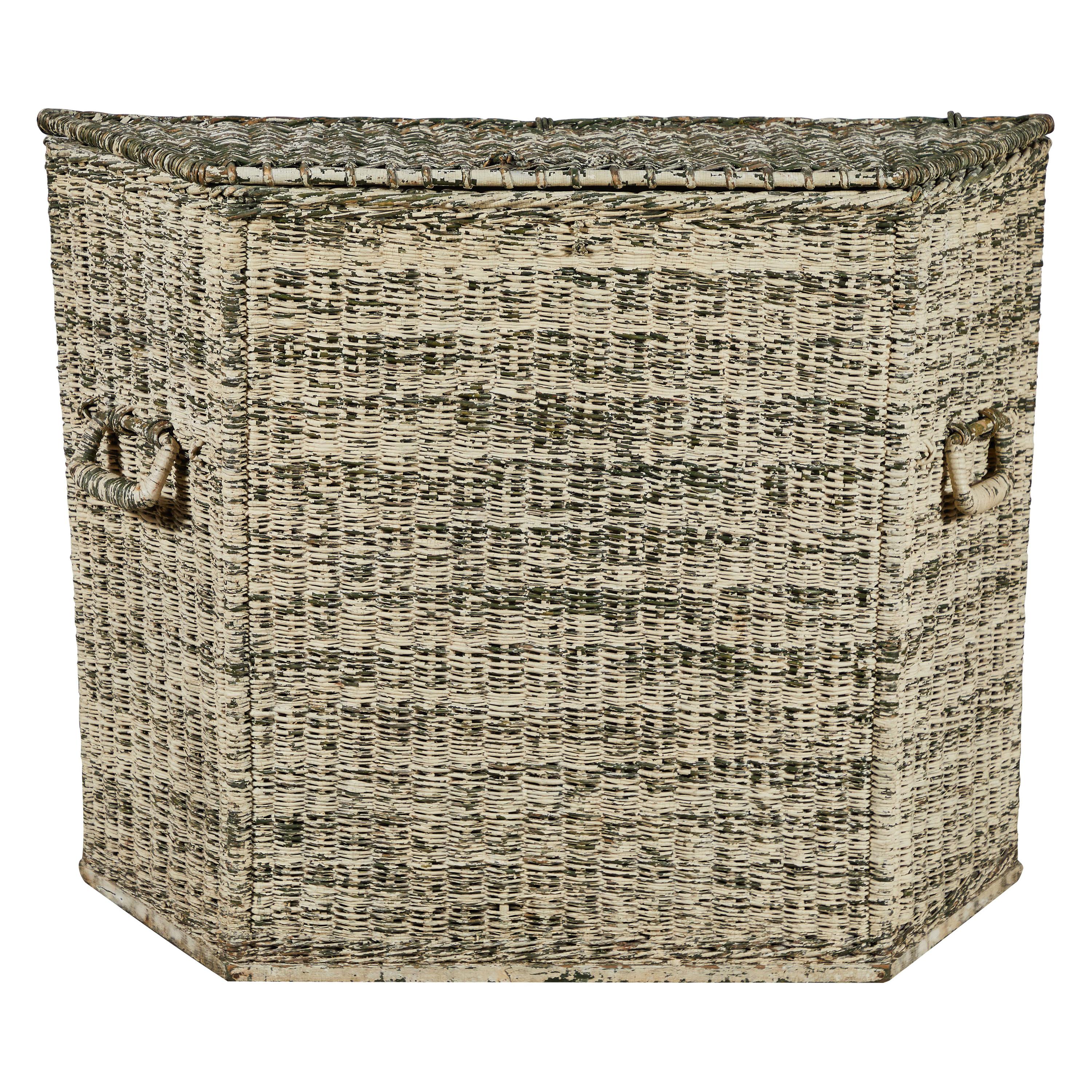 Early American White Washed Wicker Wide Basket with Lid