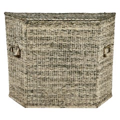 Antique Early American White Washed Wicker Wide Basket with Lid