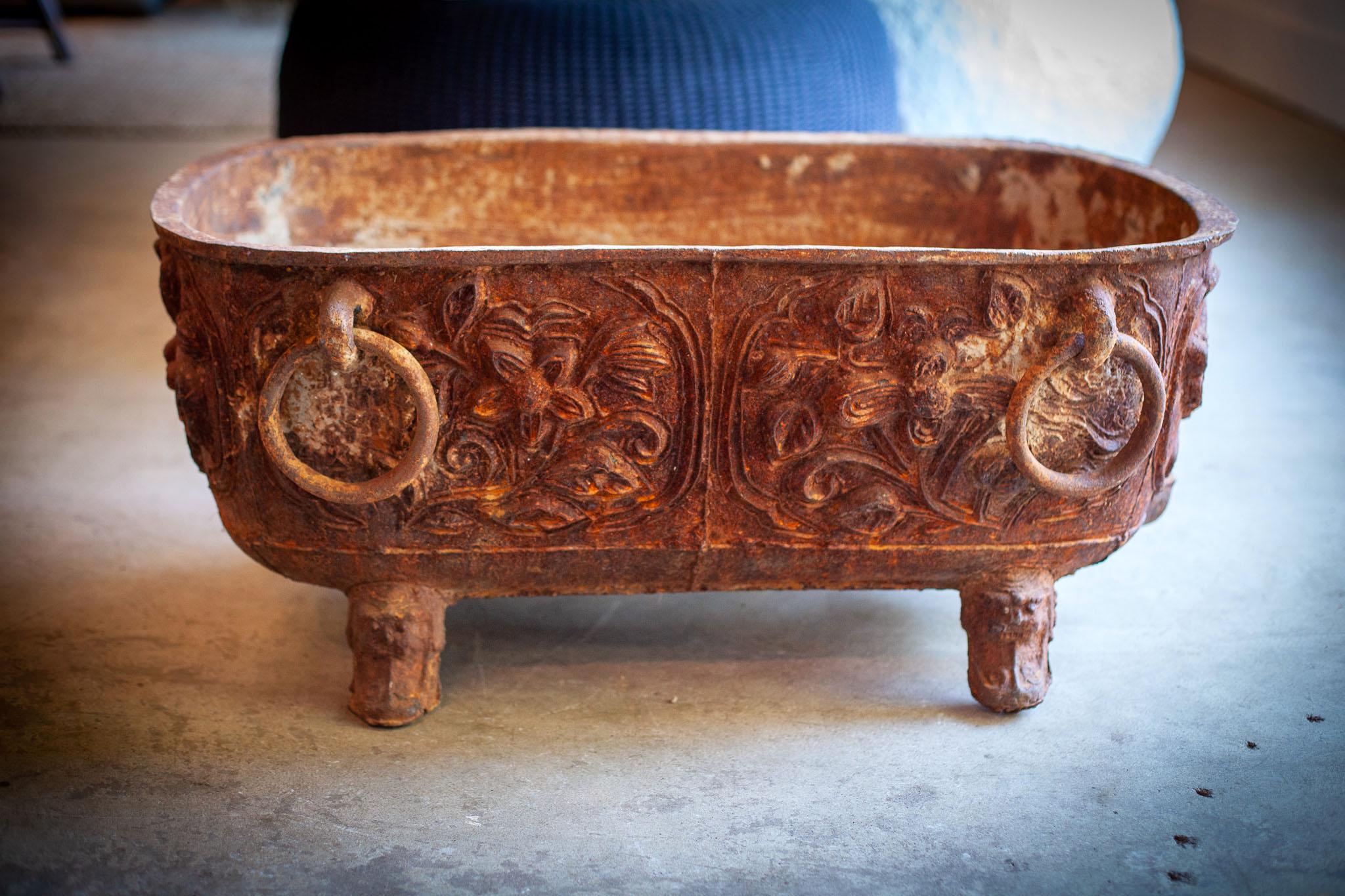 Early 19th to mid 19th century Chinese, Iron, water bath.
With the patina of decades, this cast-iron sarcophagus-shaped bath has its original handles and exudes a timeless floral decoration. This example is extremely old and has a surface that only