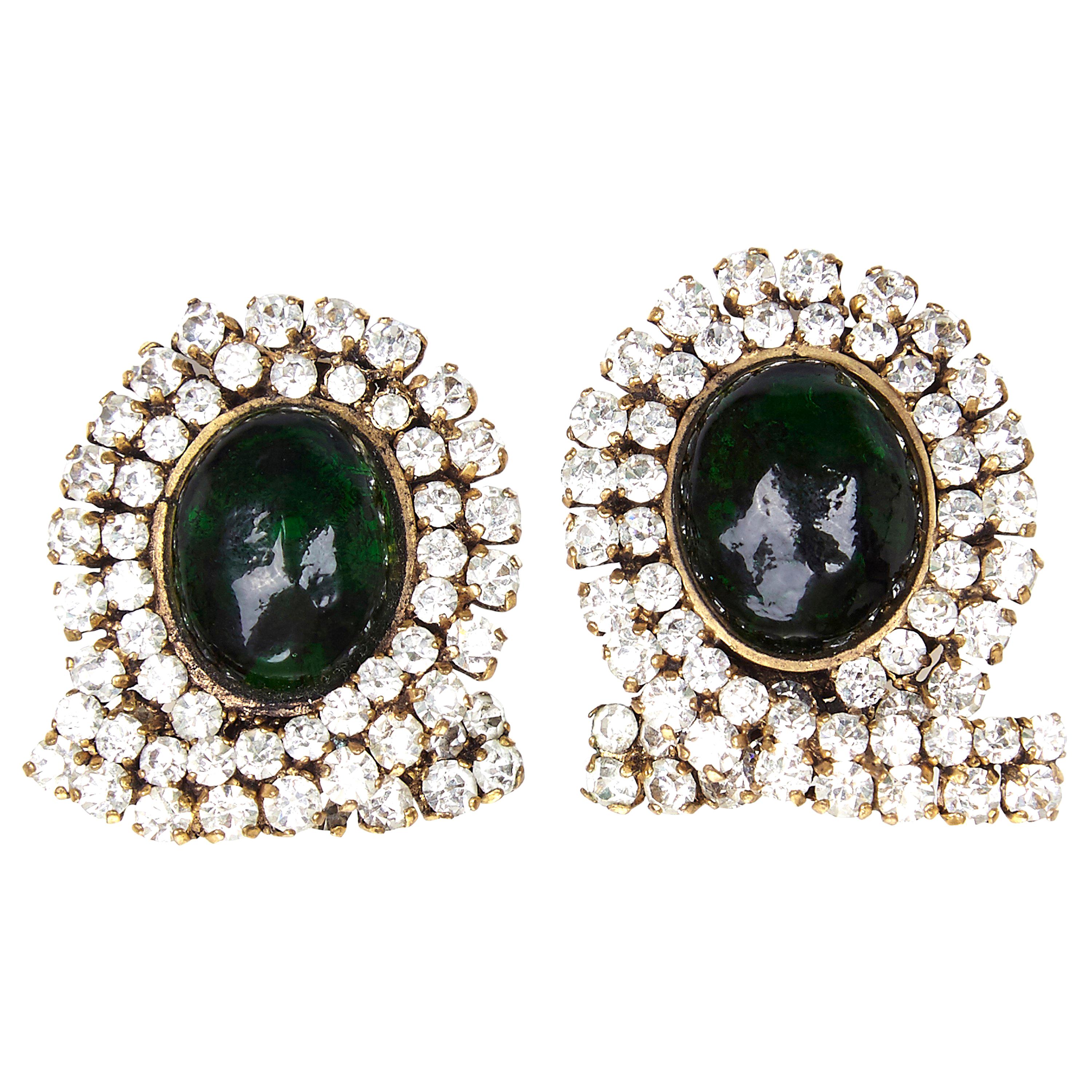 Early and Impressive 1980s Chanel Green Gripoix and Rhinestone Earrings 