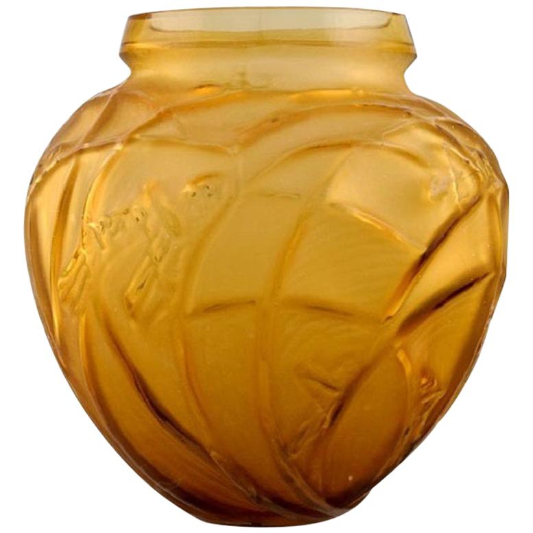 Early and Large René Lalique "Sauterelles" Vase in Rare Amber Colored Art Glass