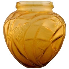 Early and Large René Lalique "Sauterelles" Vase in Rare Amber Colored Art Glass