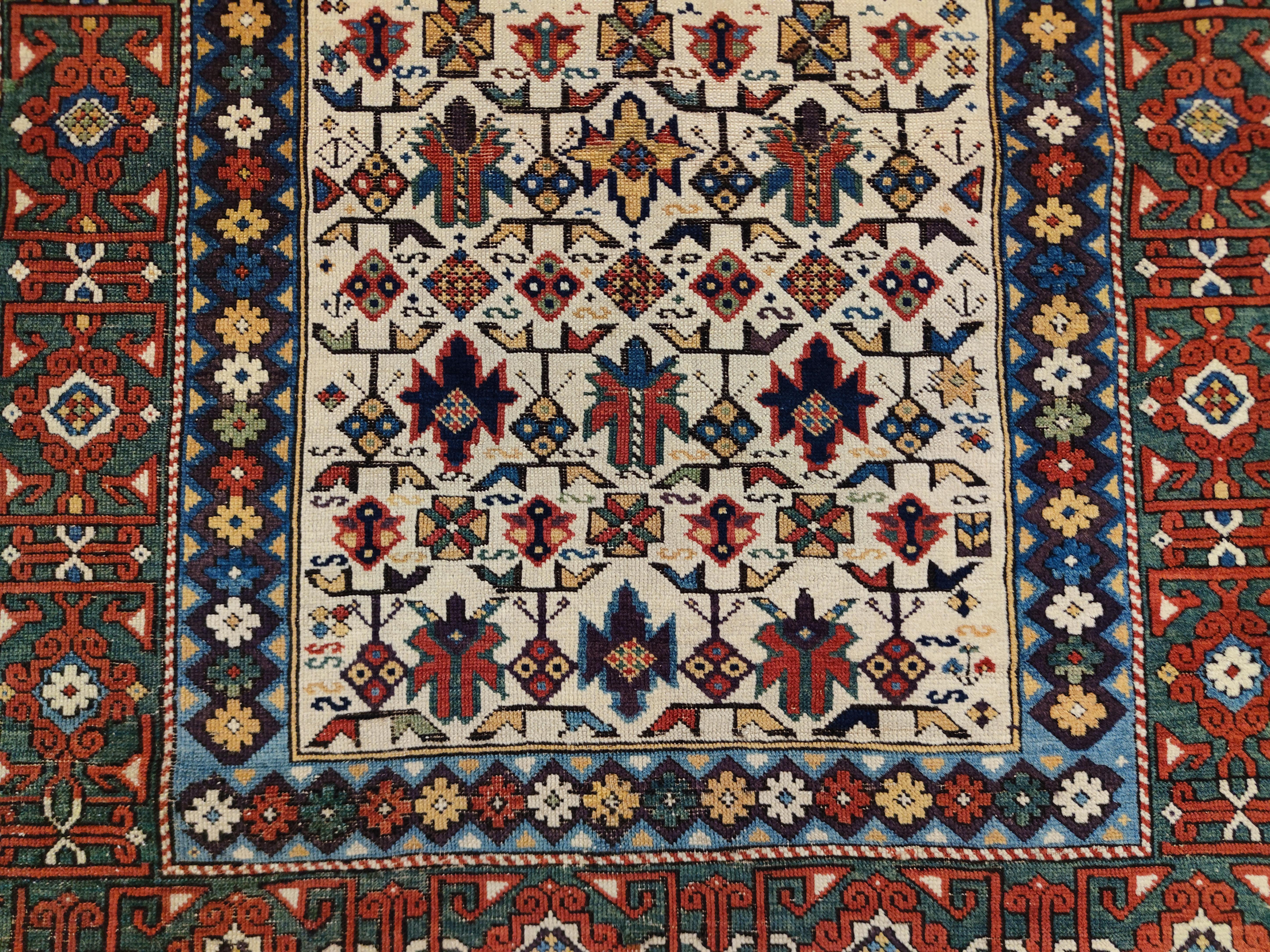 19th Century Early and Rare Antique White Ground Kuba Chi-Chi Caucasian Rug   For Sale