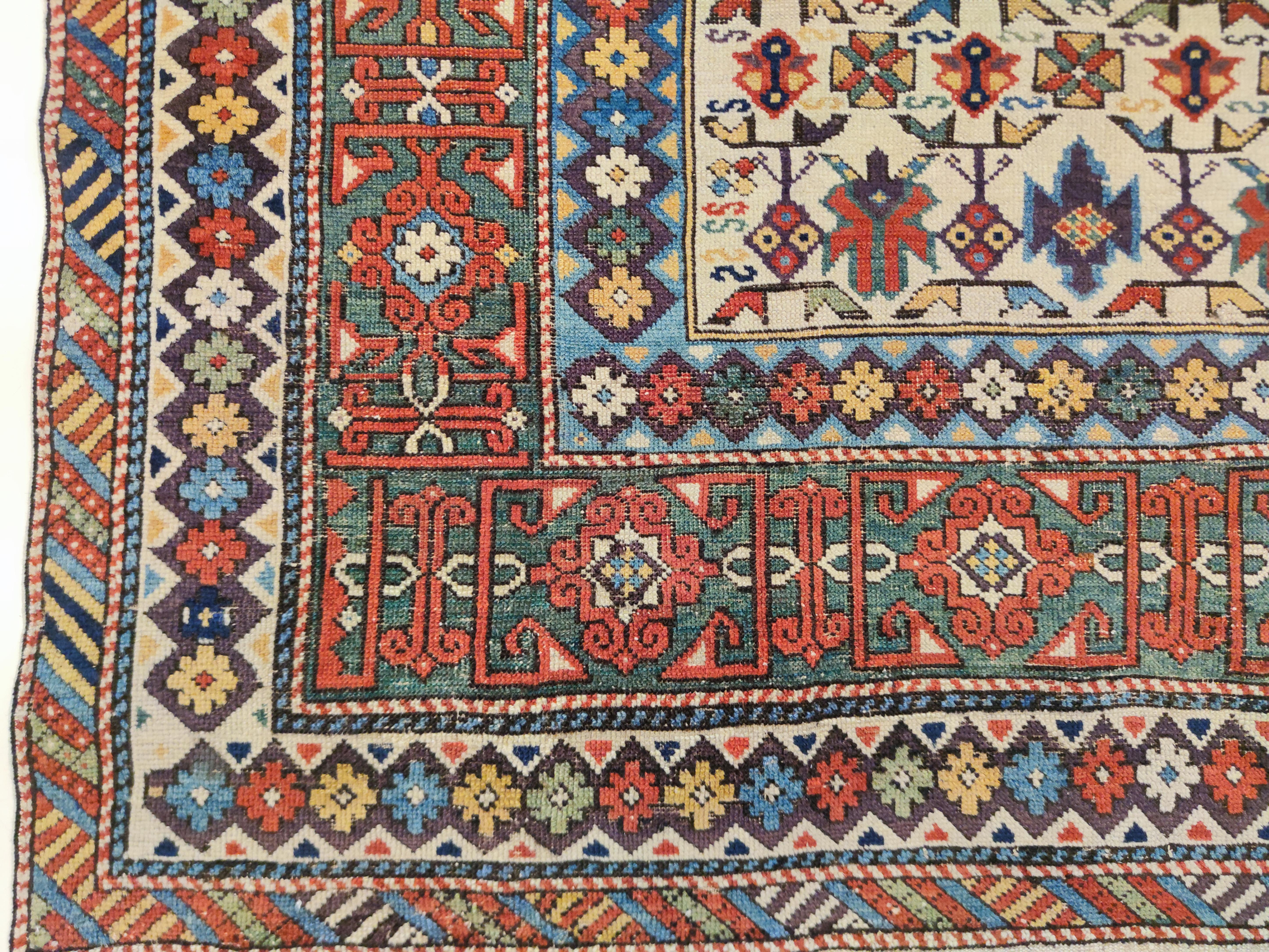 Wool Early and Rare Antique White Ground Kuba Chi-Chi Caucasian Rug   For Sale