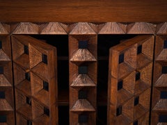 Early and Unique Giuseppe Rivadossi Sideboard in Carved Oak and Blue Glass