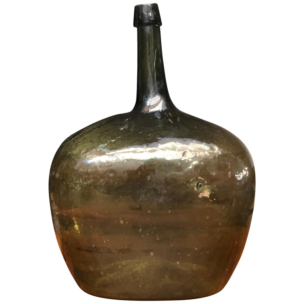 Early Antique American Blown Glass Dark Green Demijohn Bottle