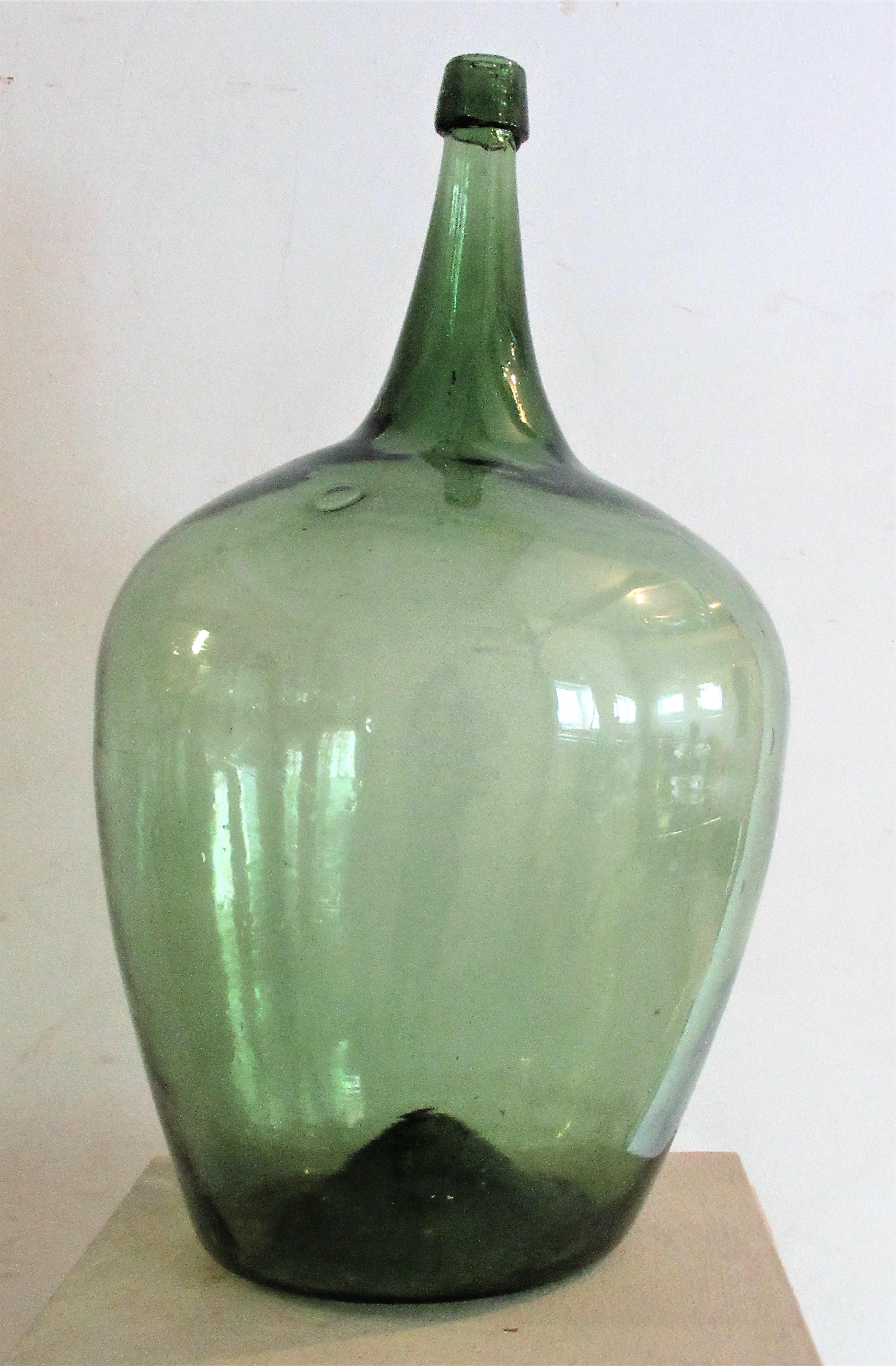 19th Century Early Antique American Blown Glass Green Demijohn Bottle