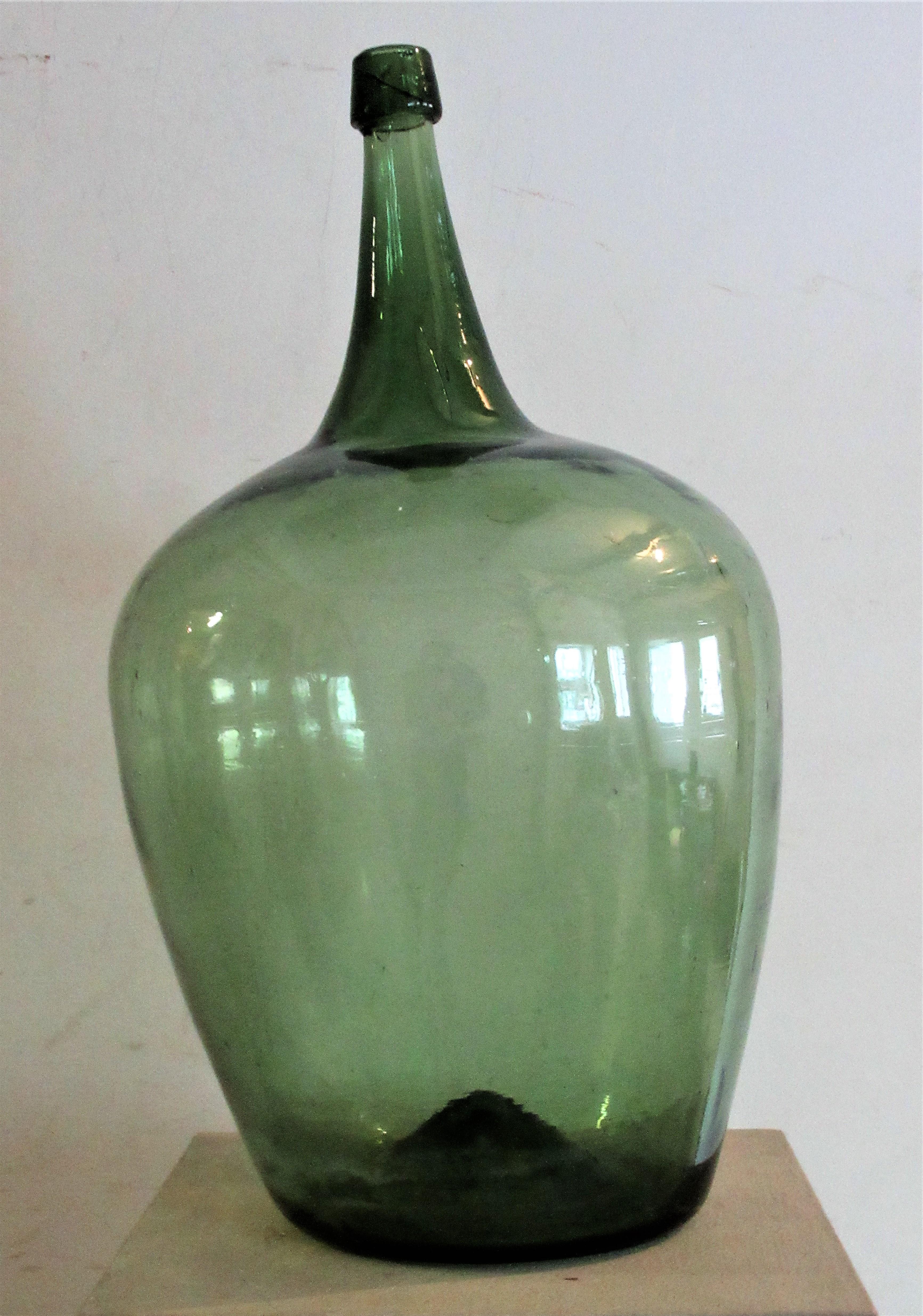 Early Antique American Blown Glass Green Demijohn Bottle 1