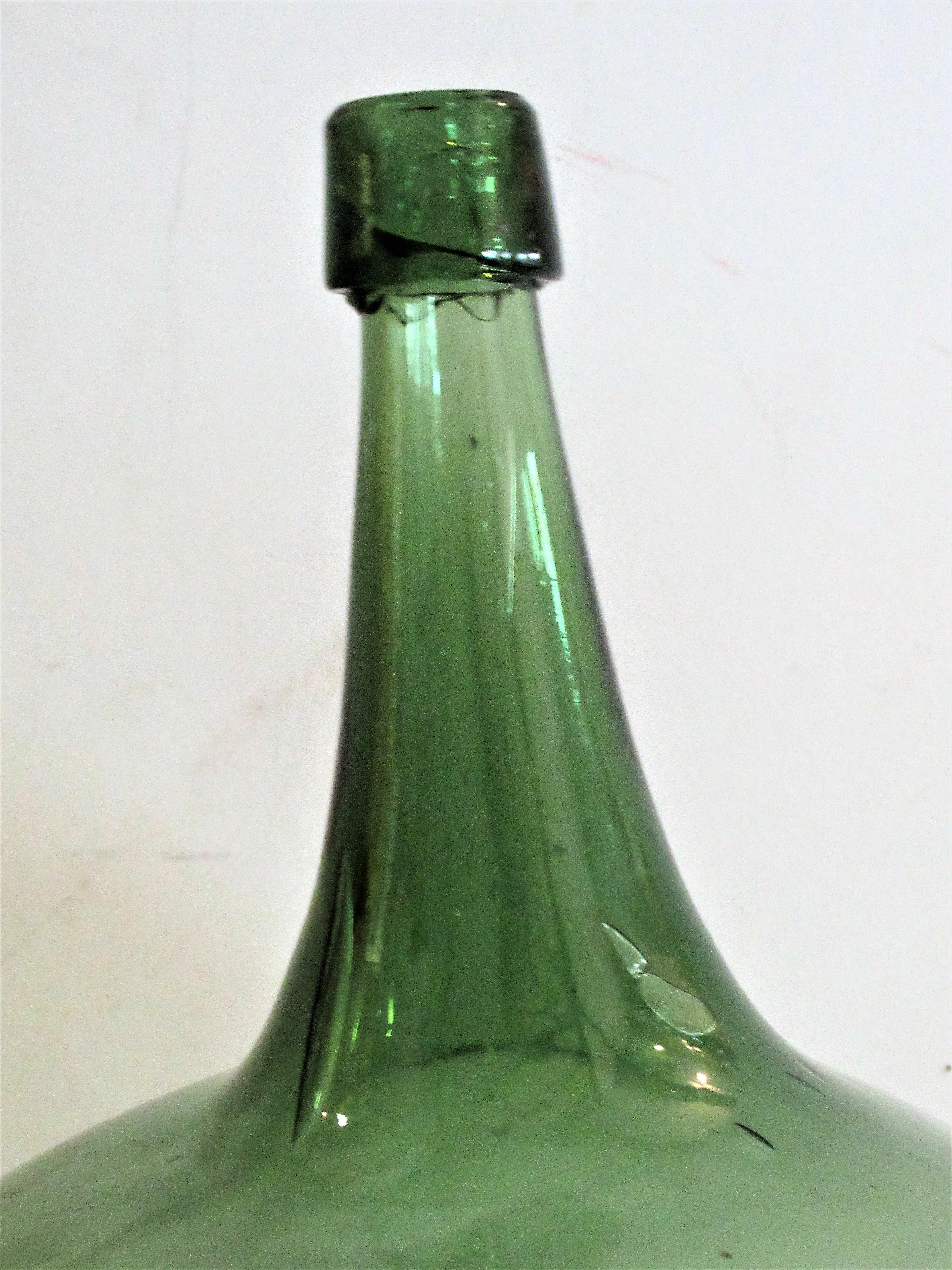 Early Antique American Blown Glass Green Demijohn Bottle 2