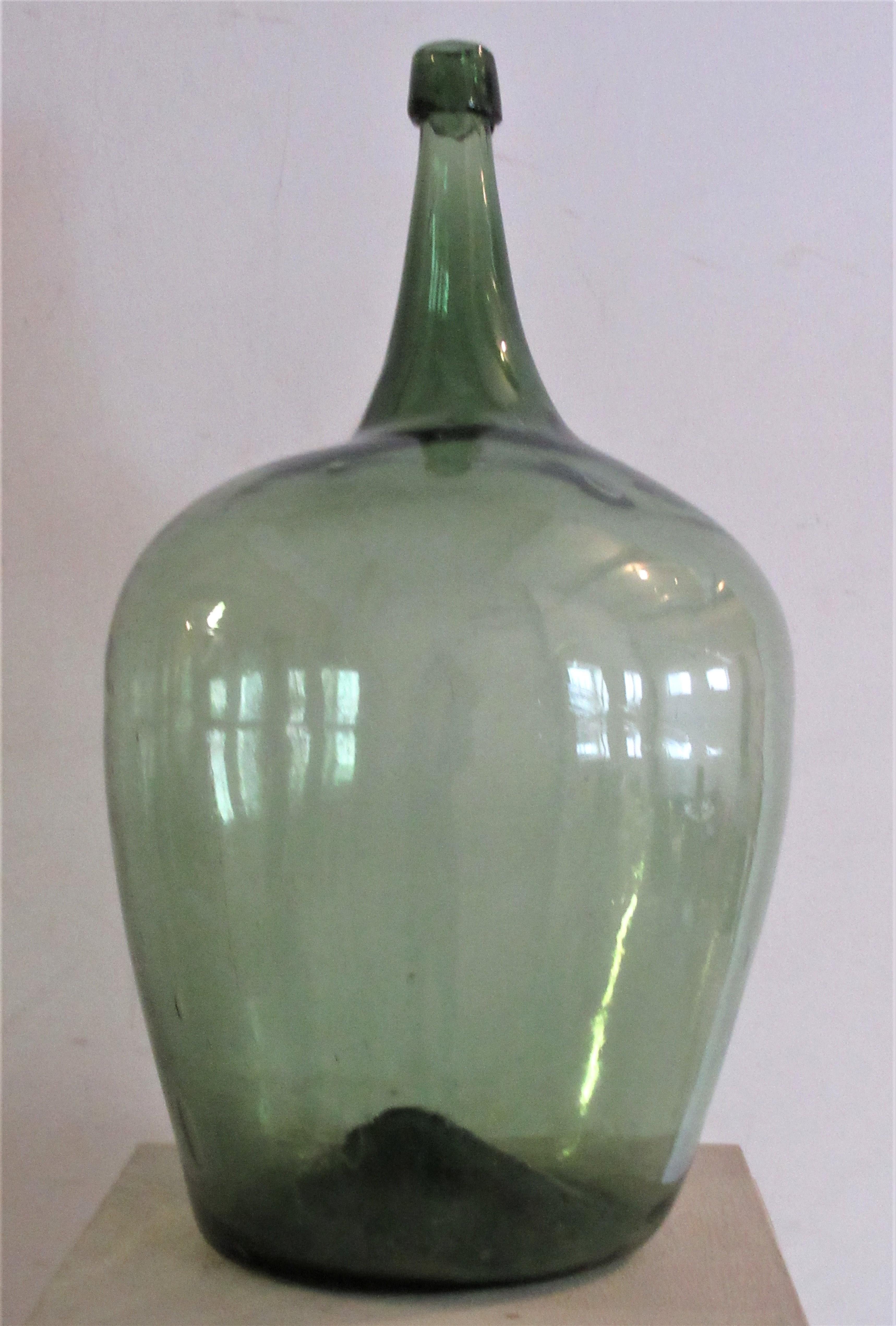 Early Antique American Blown Glass Green Demijohn Bottle 5