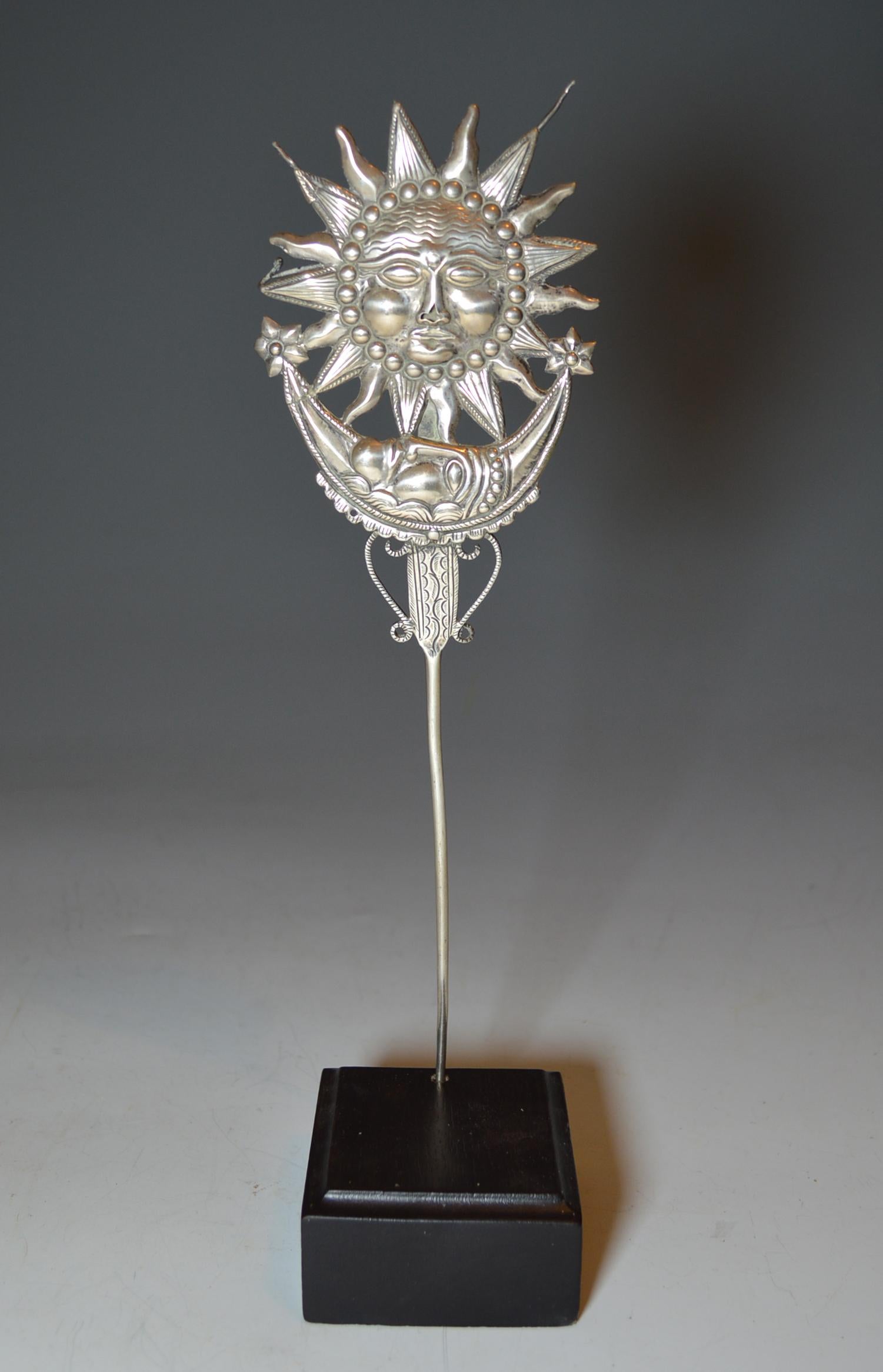 Bolivian Early Antique Andean Colonial Silver Sun Moon Tupu 18th-19th Century Bolivia For Sale