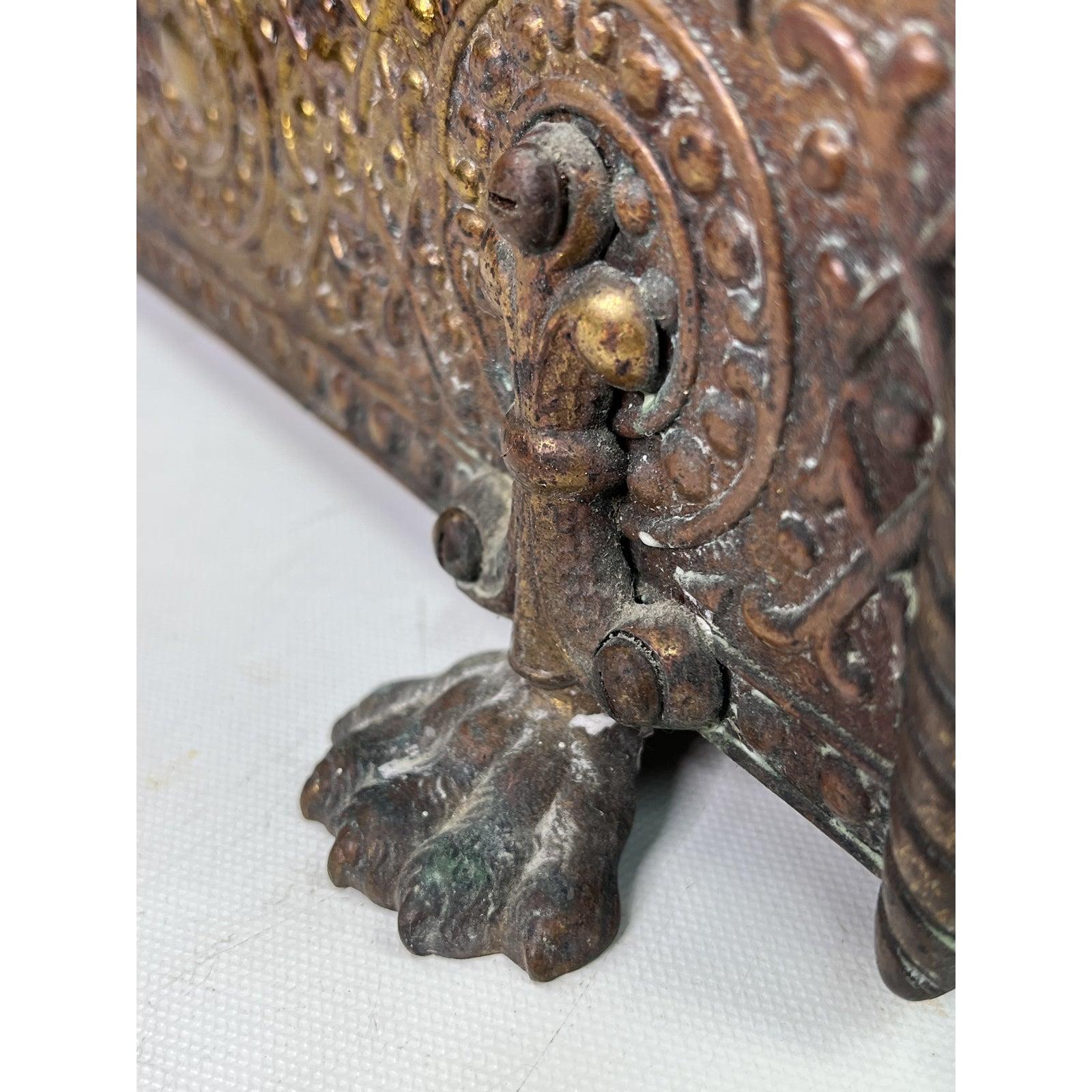 19th Century Early Antique Brass Ornate Claw Foot Hand Hammered Log Holder For Sale