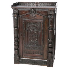 Early Antique Carved Feudal Oak Single Door Cabinet 16th C