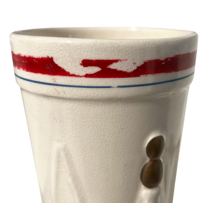 American Colonial Early Antique Ceramic Federal Drum Vase in Red White and Blue - Hull Pottery For Sale