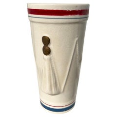 Vase tambour fédéral ancien en céramique rouge, blanc et bleu - Hull Pottery