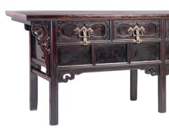 Antique Chinese Lacquered Raised Coffer with Decorative Brass Fittings