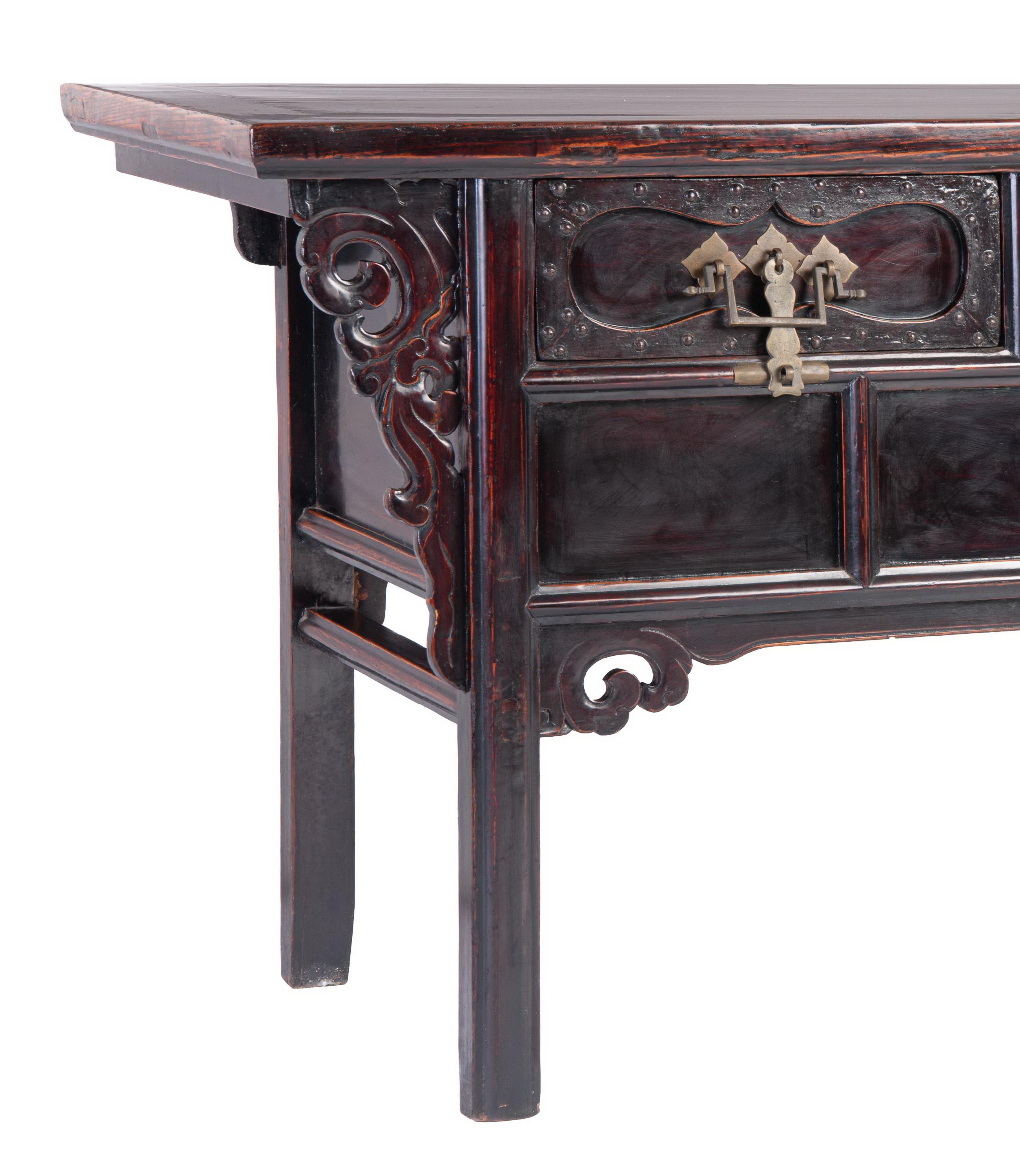 Hand-Carved Antique Chinese Lacquered Raised Coffer with Decorative Brass Fittings For Sale