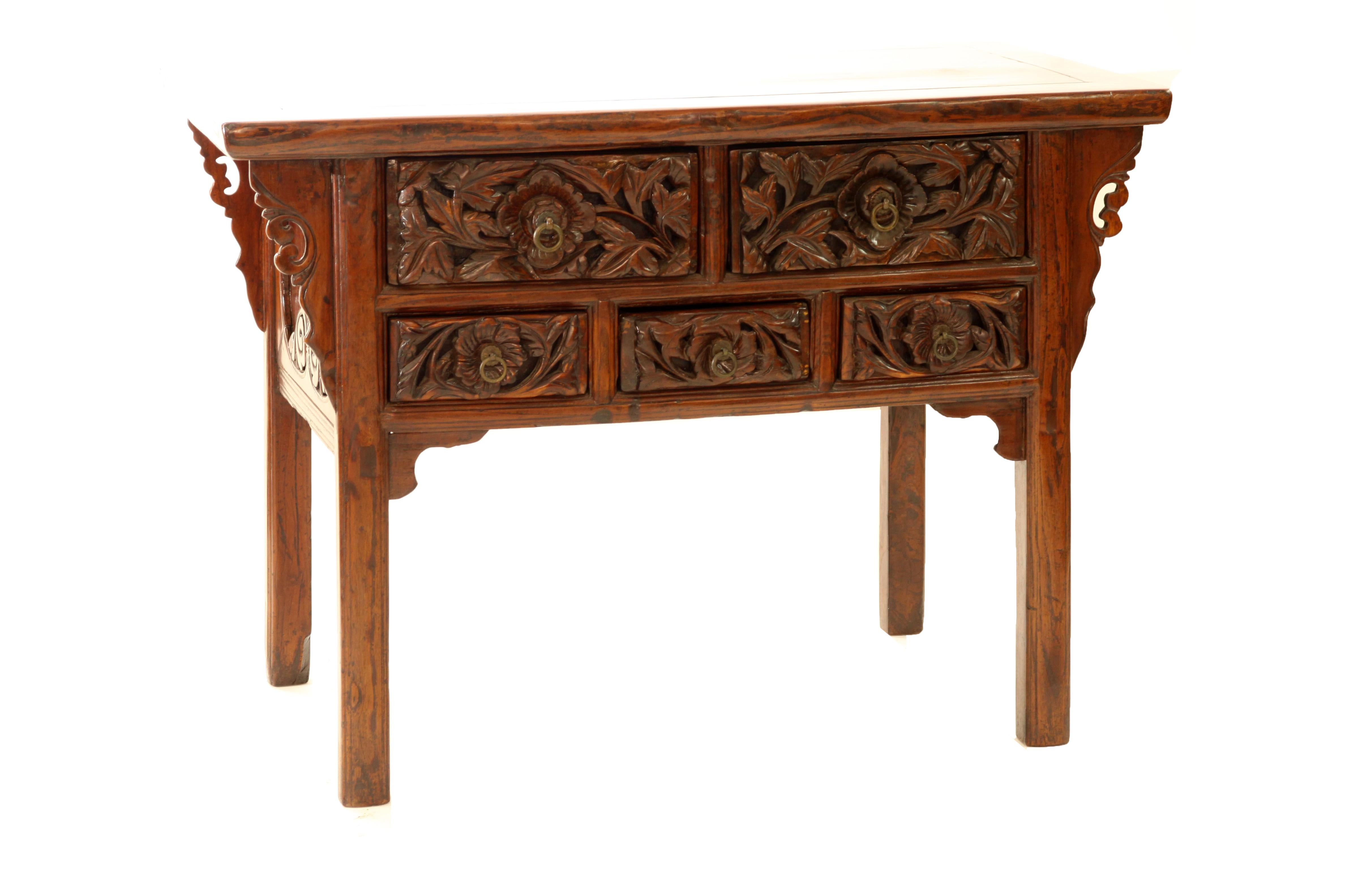 Hand-Carved Early Antique Chinese Raised Coffer with Drawers and Relief-Cared Floral Motif