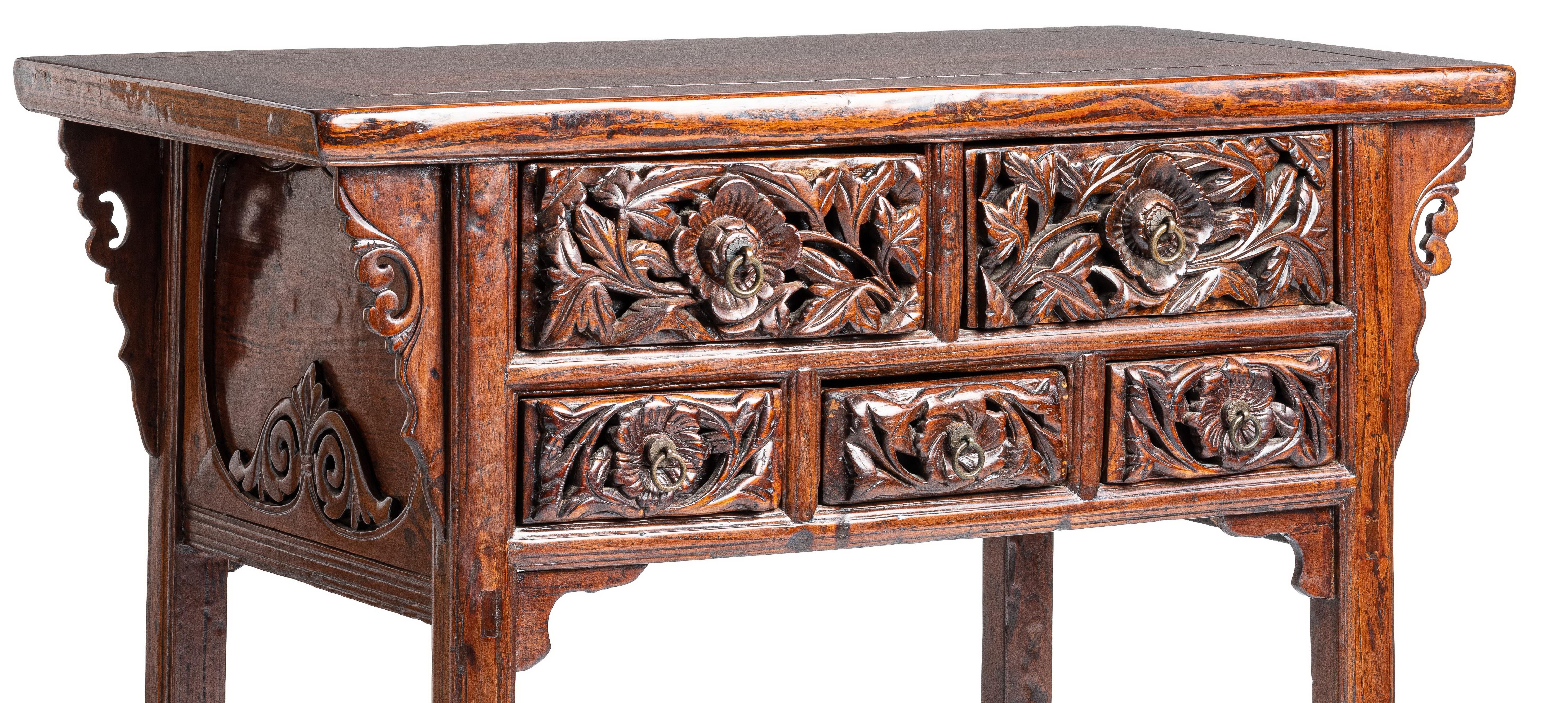 Early Antique Chinese Raised Coffer with Drawers and Relief-Cared Floral Motif In Good Condition In 10 Chater Road, HK