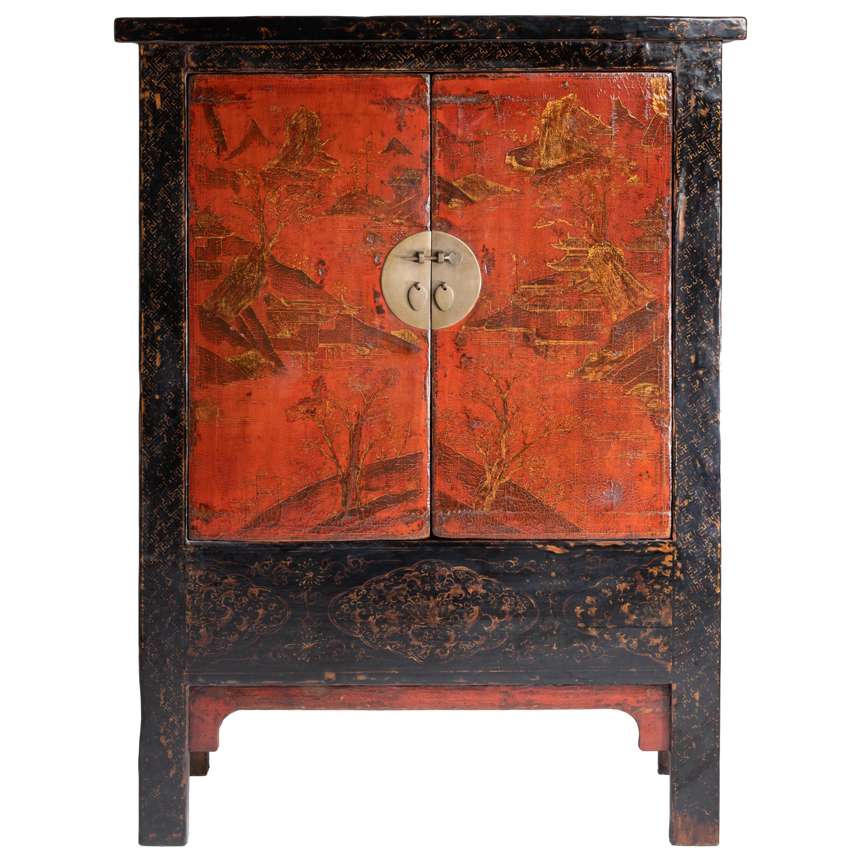 Early Antique Chinese Red and Black Lacquer Cabinet with Gilt Hand-Painting