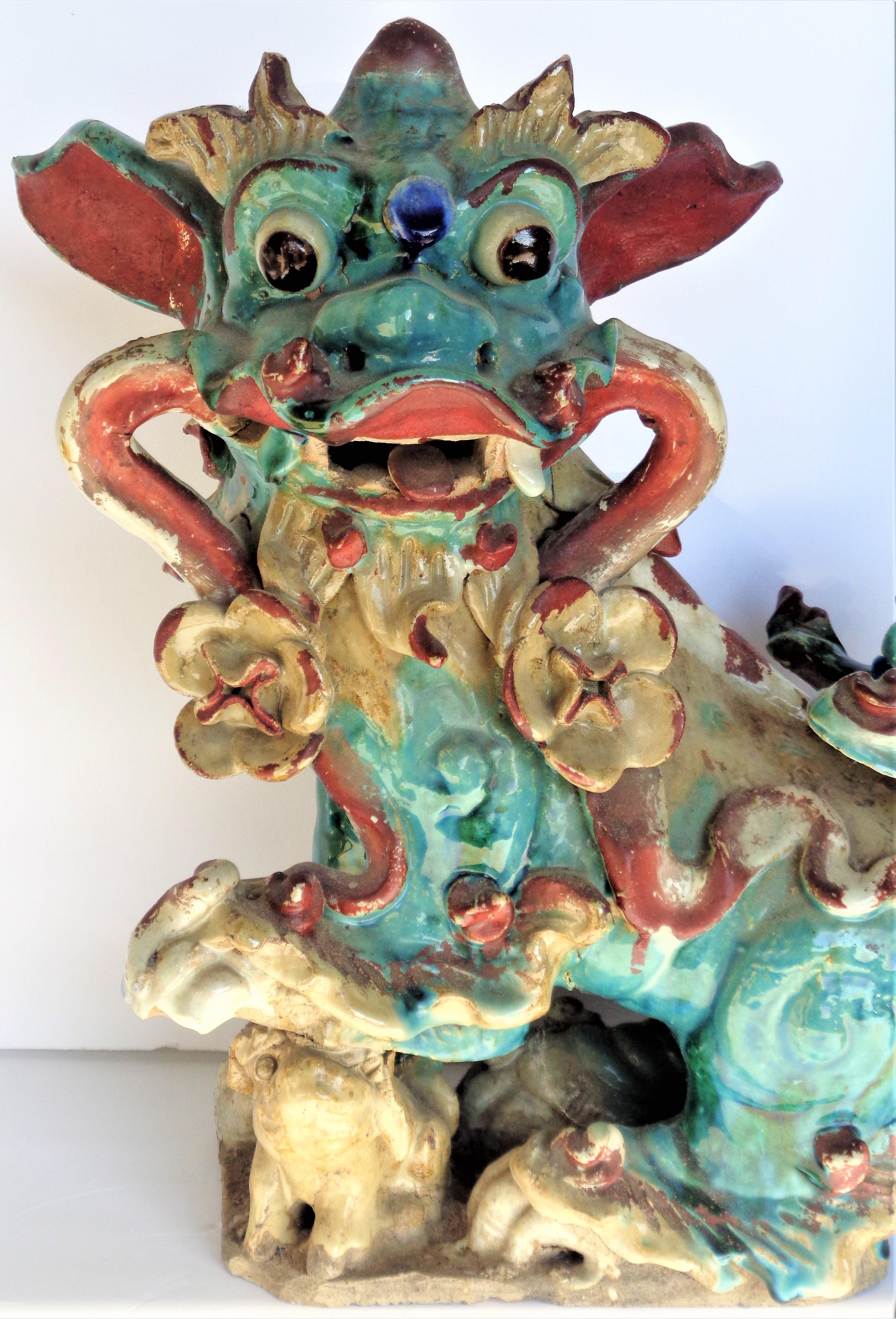 Early antique Chinese Sancai glaze stoneware foo dog roof tile. 
 We think this dates to the late Ming dynasty. Old and beautiful. Look at all pictures and read condition report in comment section.