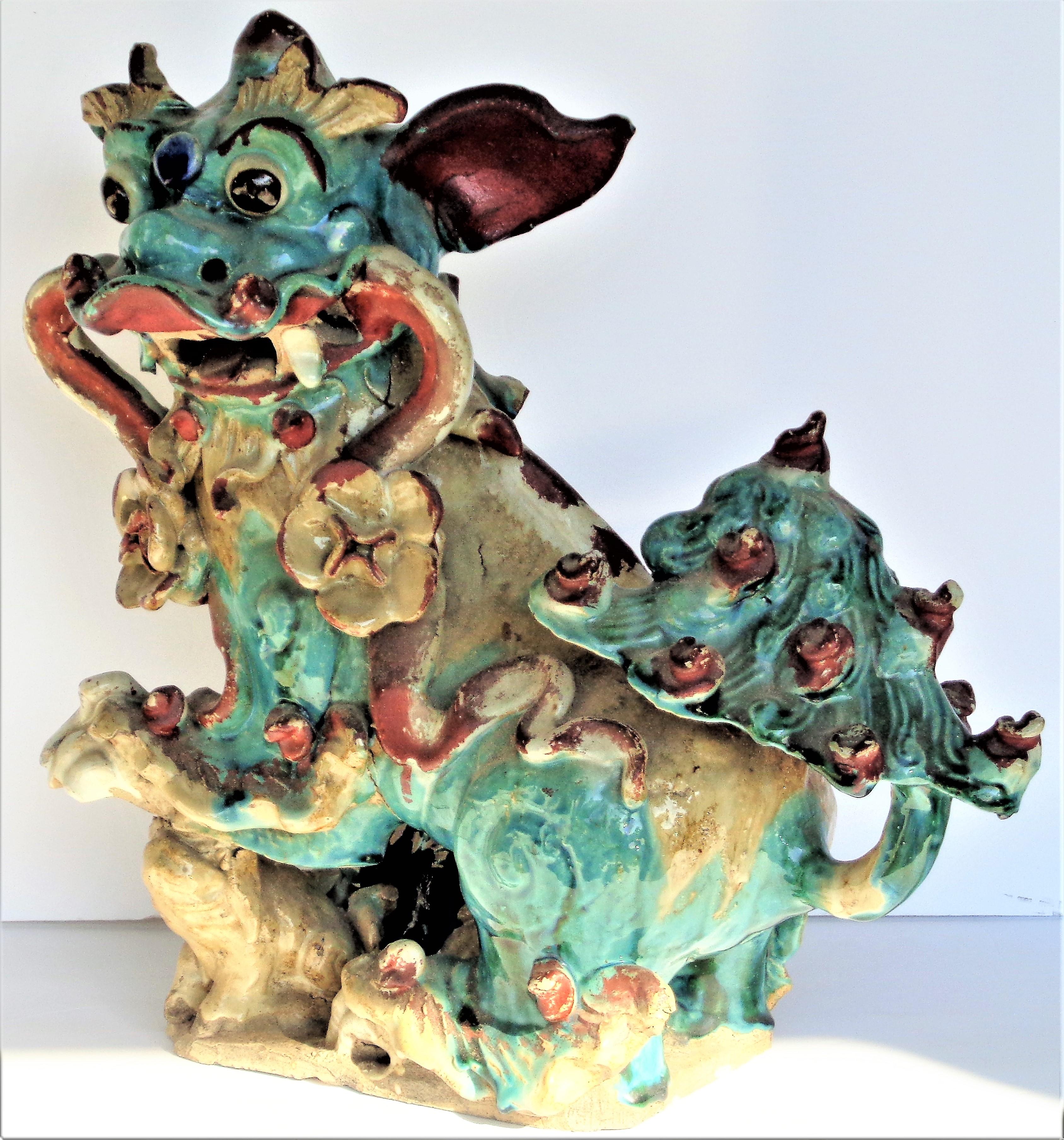 18th Century and Earlier Early Antique Chinese Sancai Glaze Stoneware Foo Dog Roof Tile