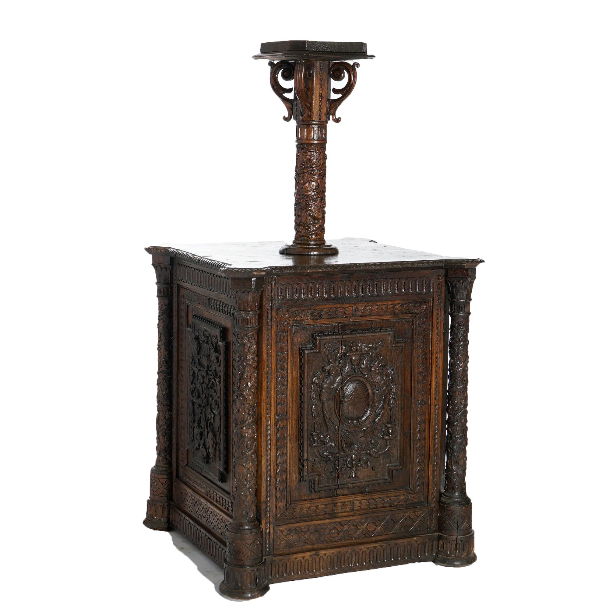 European Early Antique Continental Carved Oak Reliquary Cabinet & Carved Columns 18th C For Sale