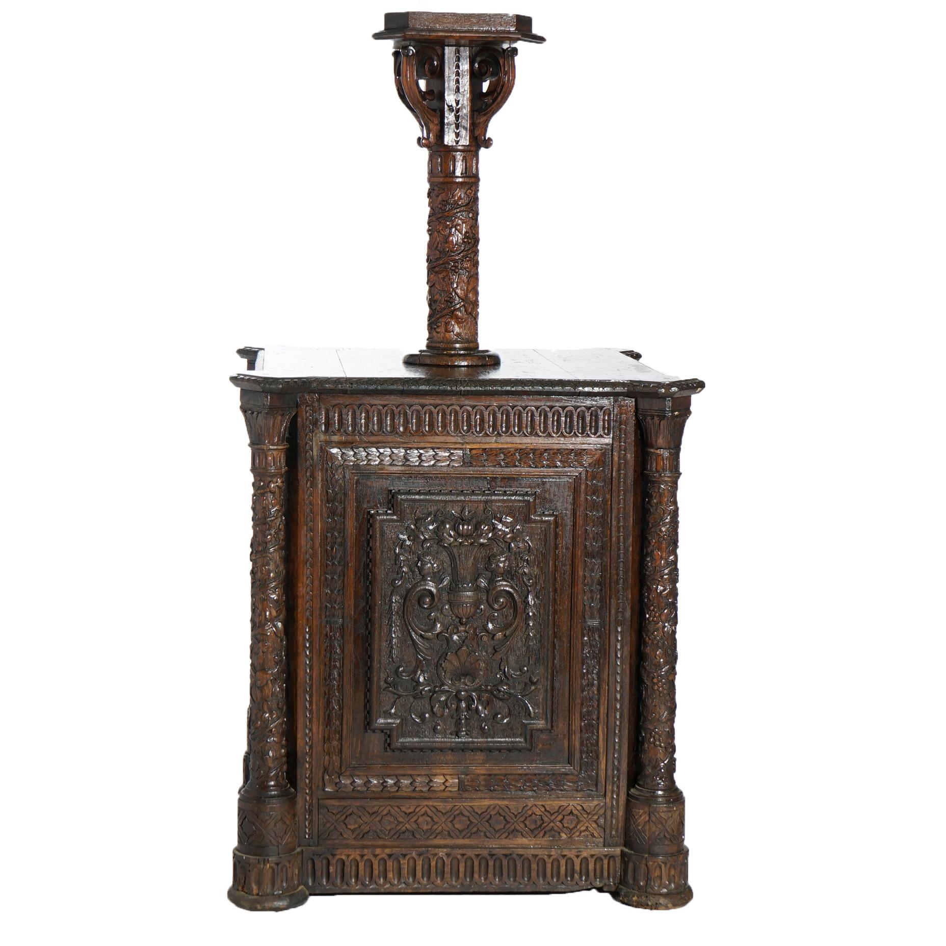 Early Antique Continental Carved Oak Reliquary Cabinet & Carved Columns 18th C In Good Condition For Sale In Big Flats, NY