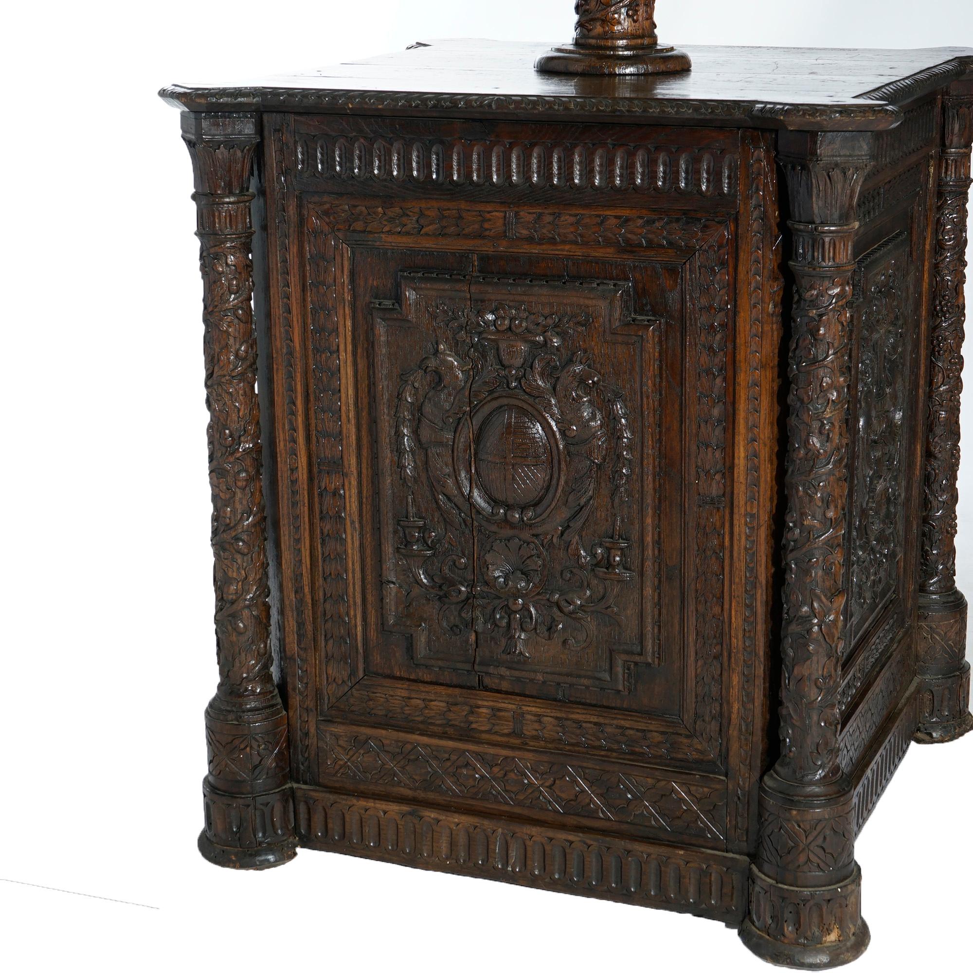 Early Antique Continental Carved Oak Reliquary Cabinet & Carved Columns 18th C For Sale 3