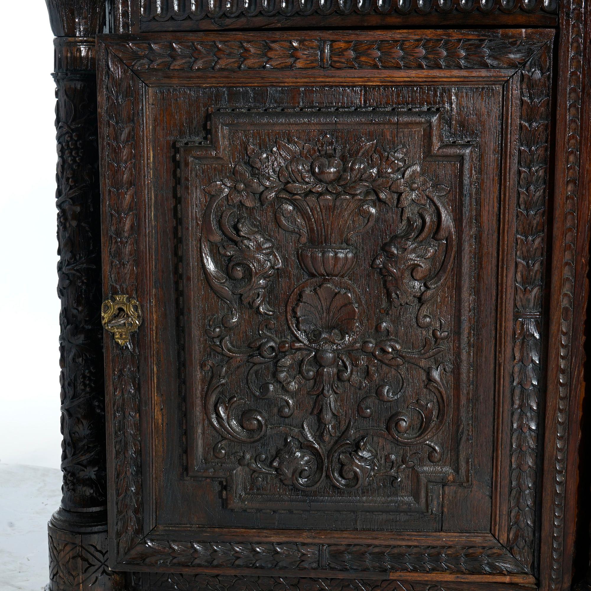 Early Antique Continental Carved Oak Reliquary Cabinet & Carved Columns 18th C For Sale 4