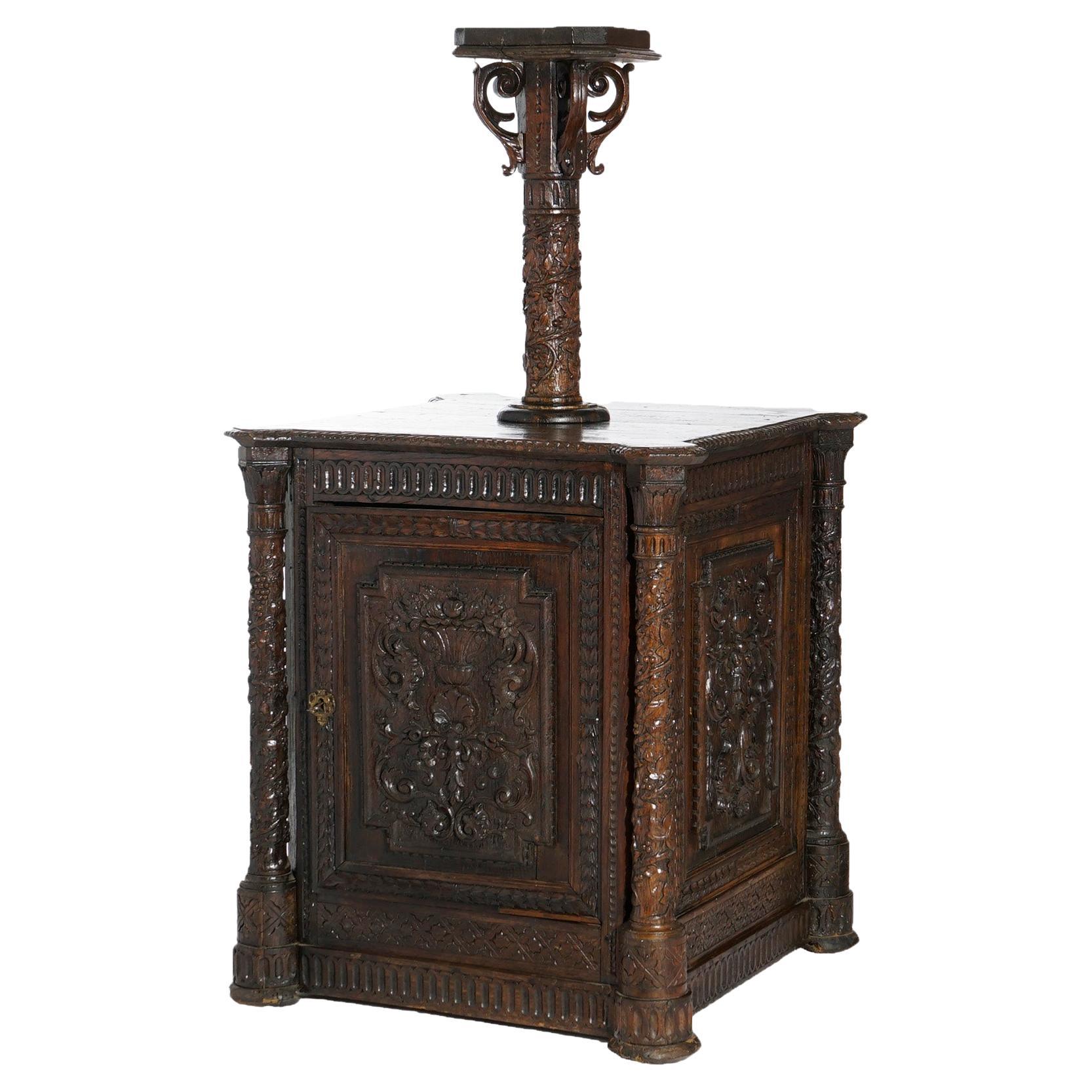 Early Antique Continental Carved Oak Reliquary Cabinet & Carved Columns 18th C For Sale