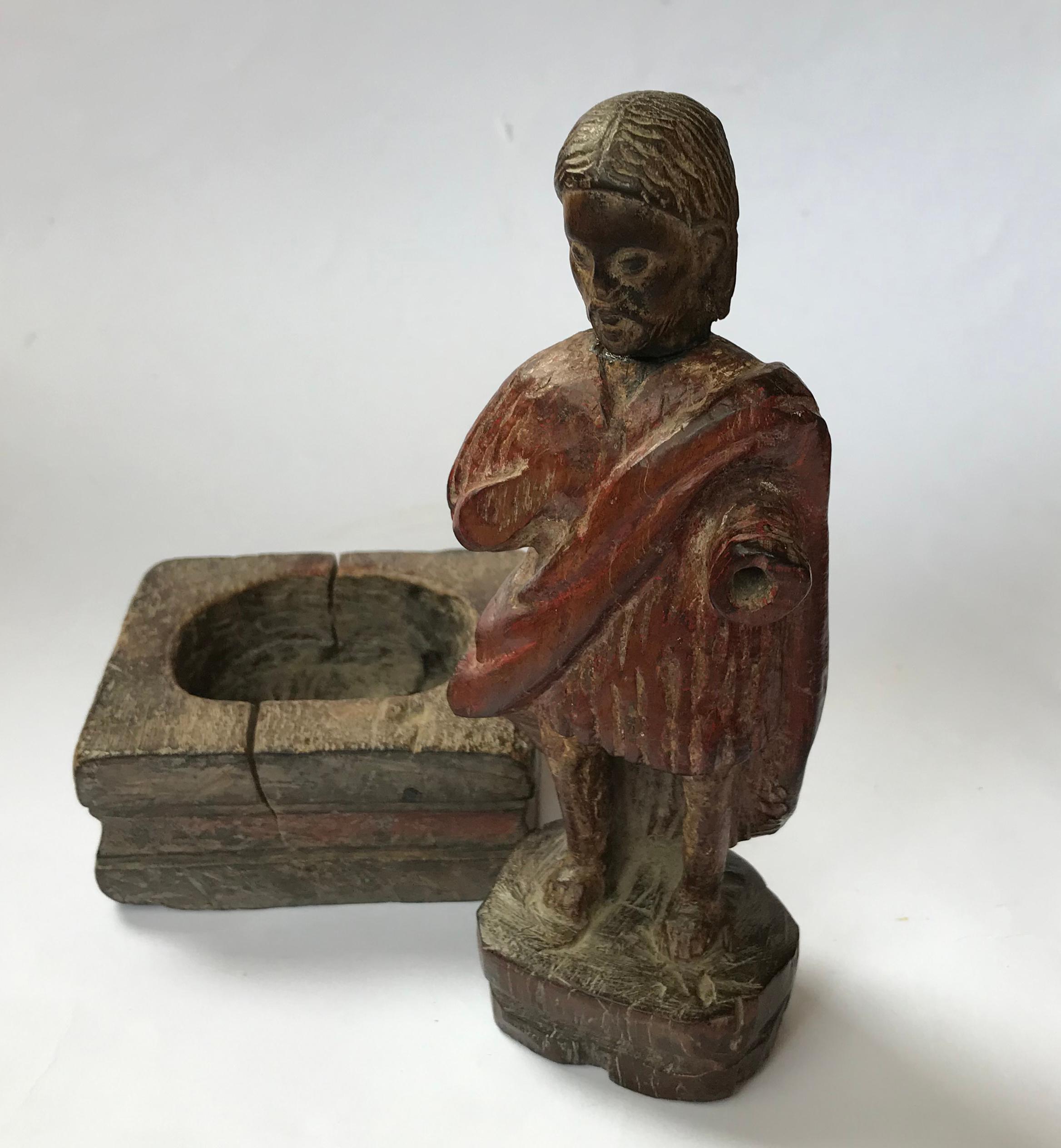 Early Antique English Carved Oak Christian Medieval Circa 15th century

The small carved wood figure of Jesus or a saint carved in oak with poly chrome pigment 

 Condition Minor Losses head reattached 

Measures: height 8 inches width 4