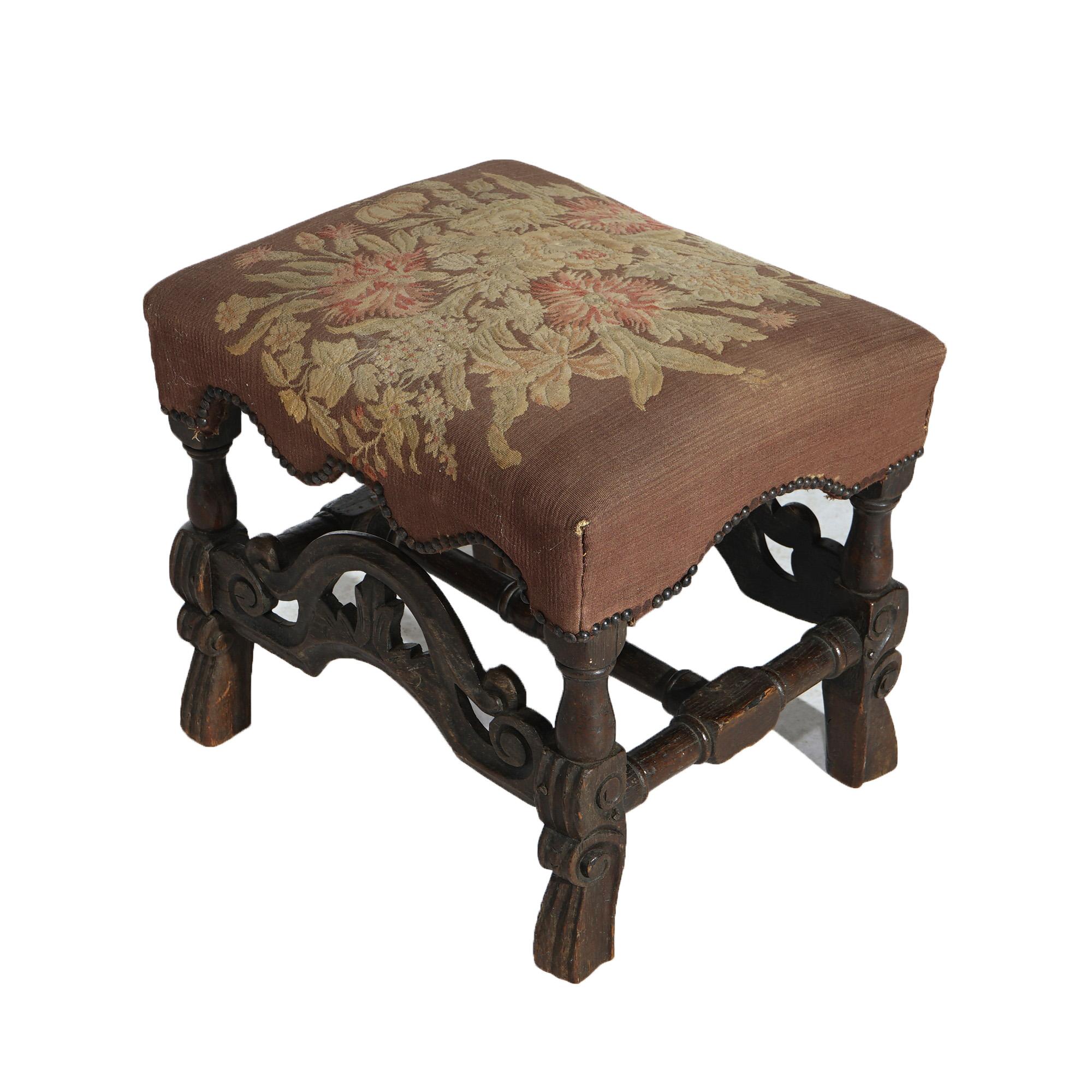 Early Antique English Carved Walnut & Needlepoint Bench (Stool) Circa 1690 For Sale 4