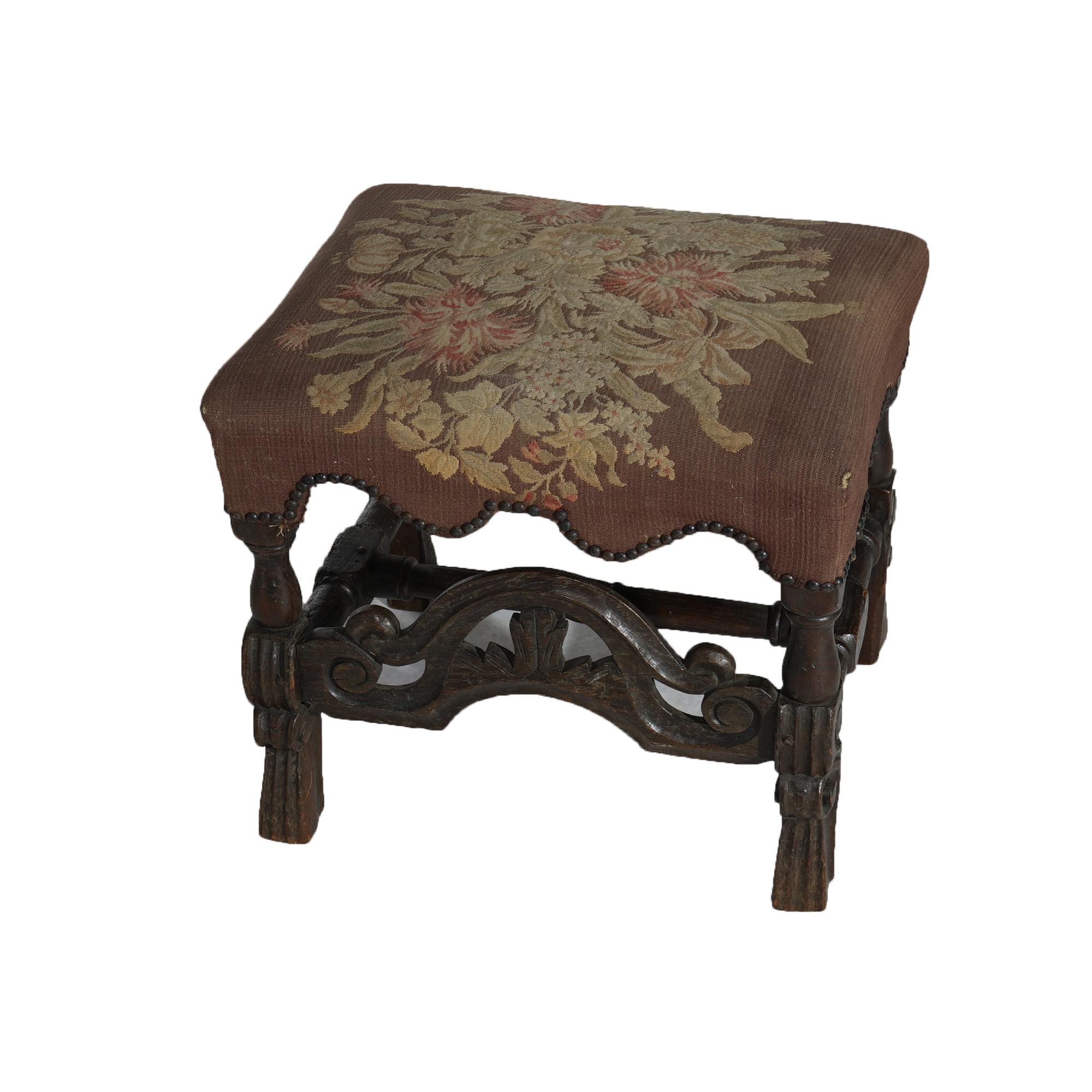 Early Antique English Carved Walnut & Needlepoint Bench (Stool) Circa 1690 For Sale 5