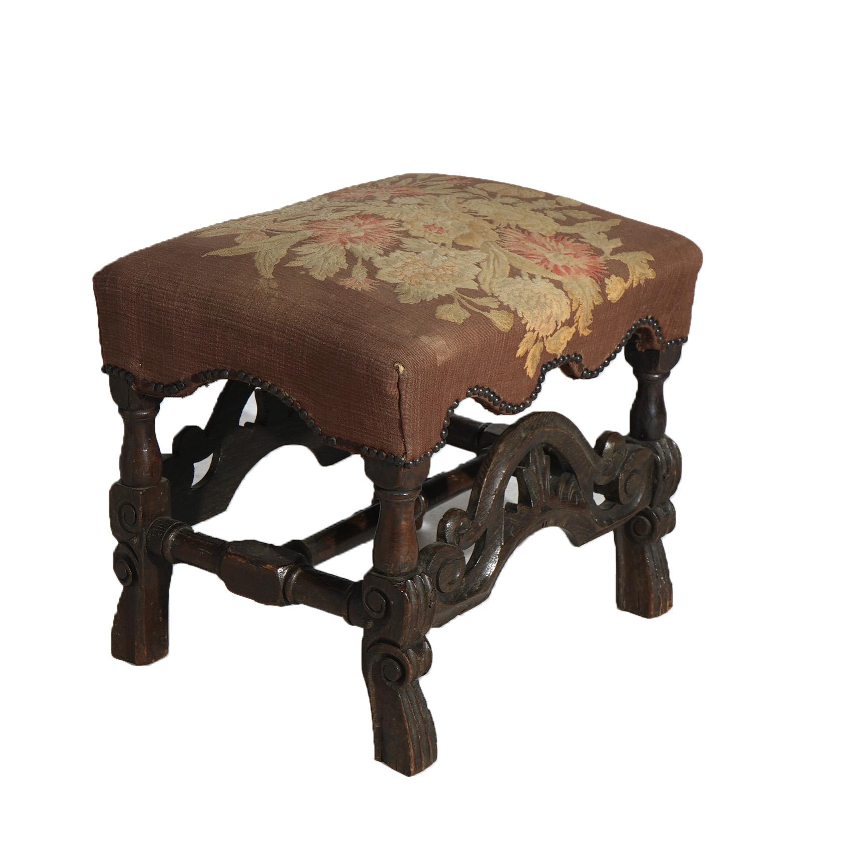 Early Antique English Carved Walnut & Needlepoint Bench (Stool) Circa 1690 For Sale 7