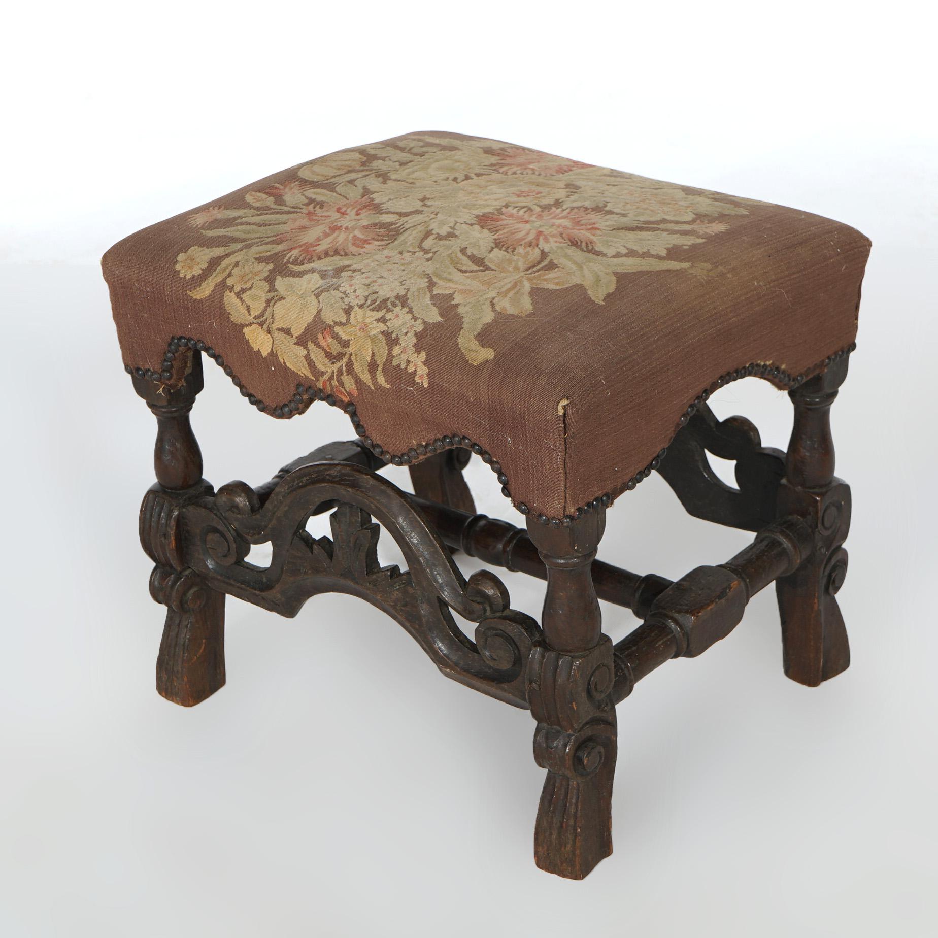 Early Antique English Carved Walnut & Needlepoint Bench (Stool) Circa 1690 In Good Condition For Sale In Big Flats, NY