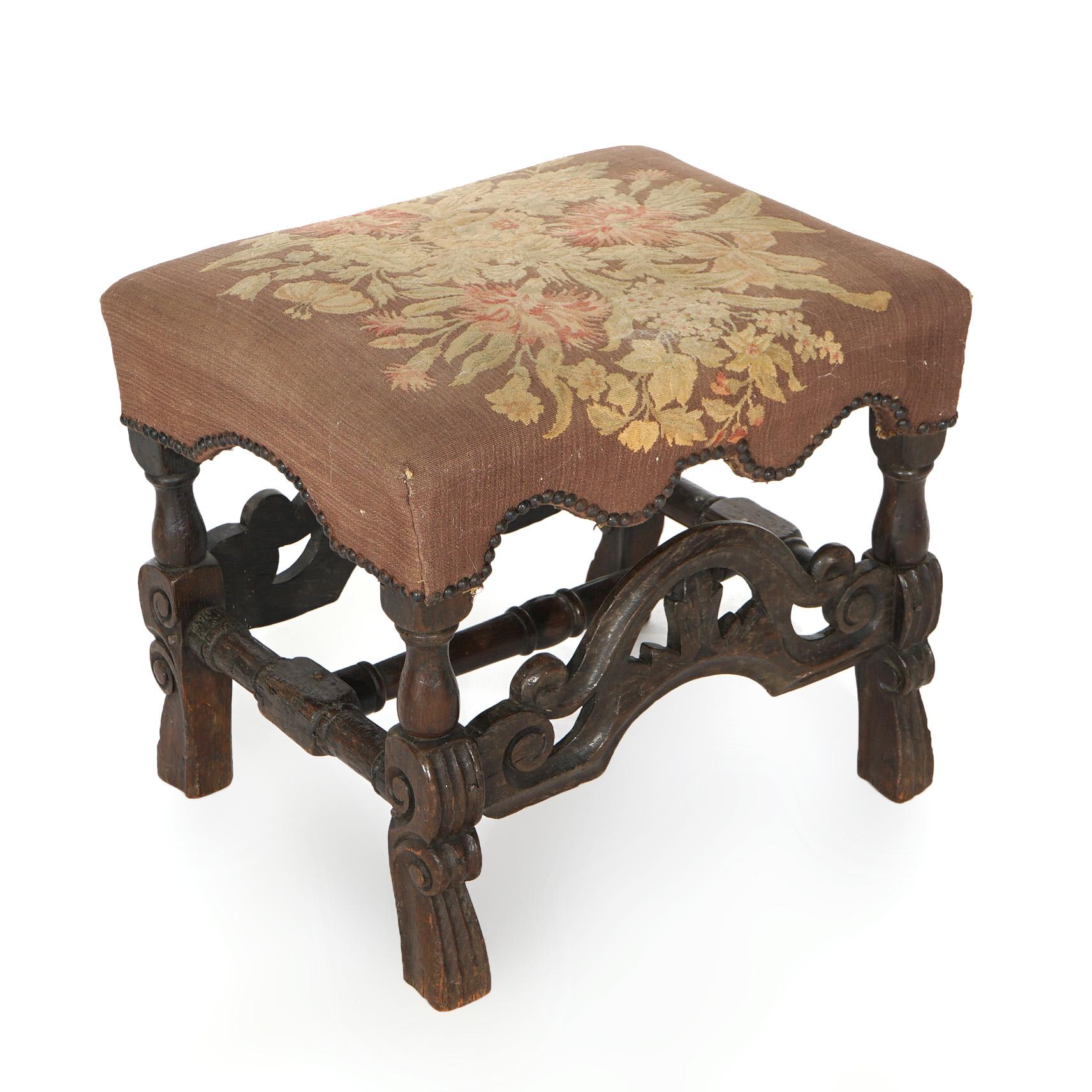 17th Century Early Antique English Carved Walnut & Needlepoint Bench (Stool) Circa 1690 For Sale