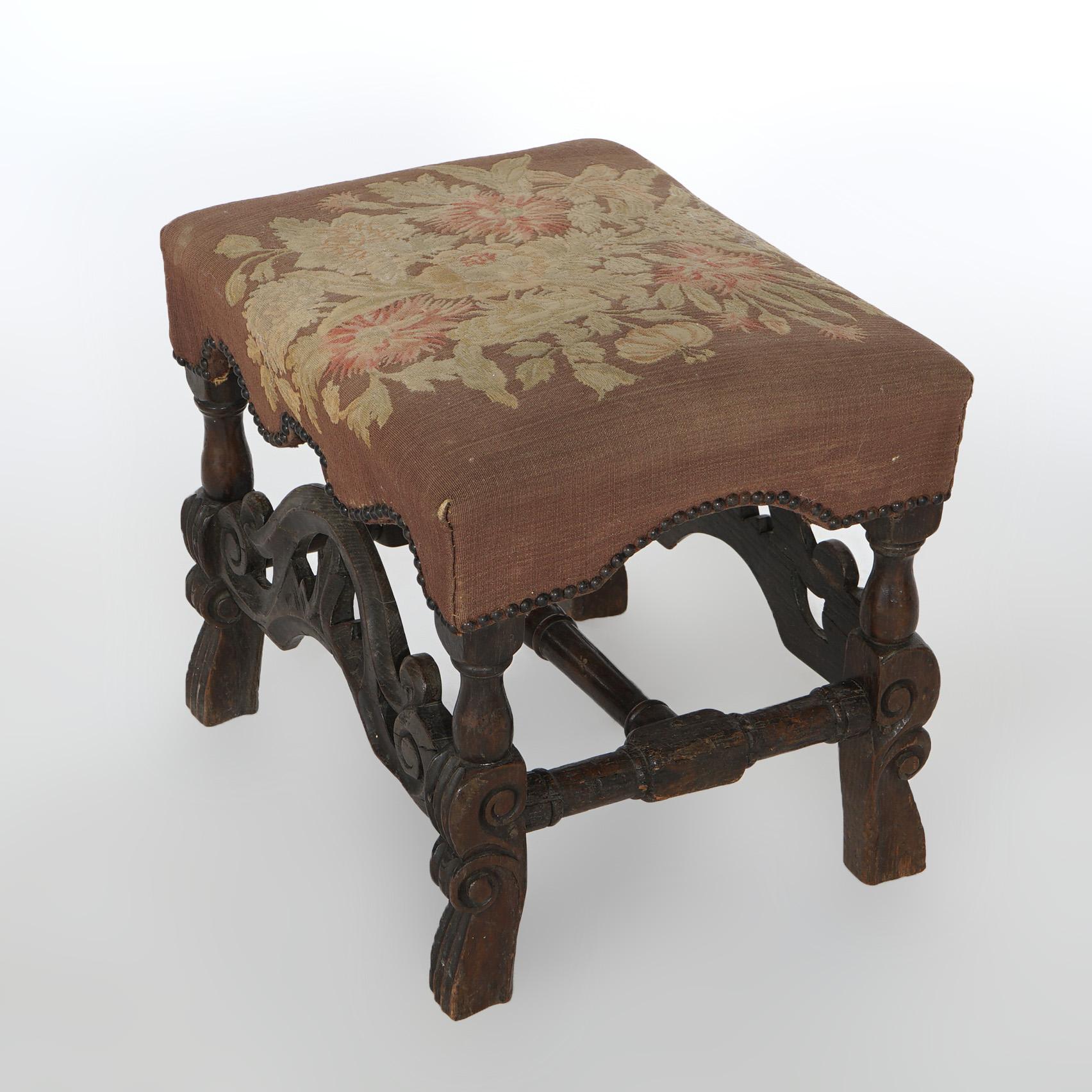 Upholstery Early Antique English Carved Walnut & Needlepoint Bench (Stool) Circa 1690 For Sale