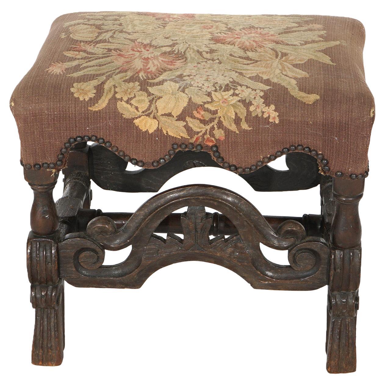 Early Antique English Carved Walnut & Needlepoint Bench (Stool) Circa 1690 For Sale